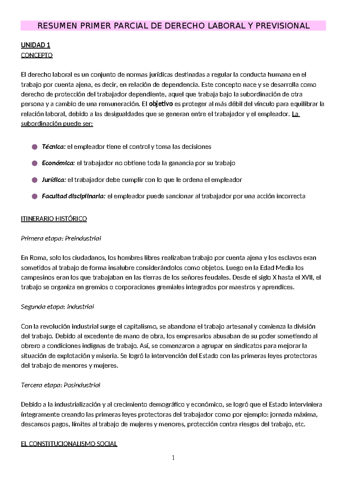 Resumen Primer Parcial de Derecho Laboral y Previsional - Unidad 1 ...