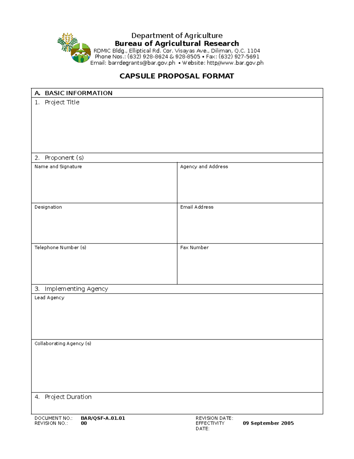 Capsule Proposal Format - Department of Agriculture (BAR/QSF-A.01 Rev ...