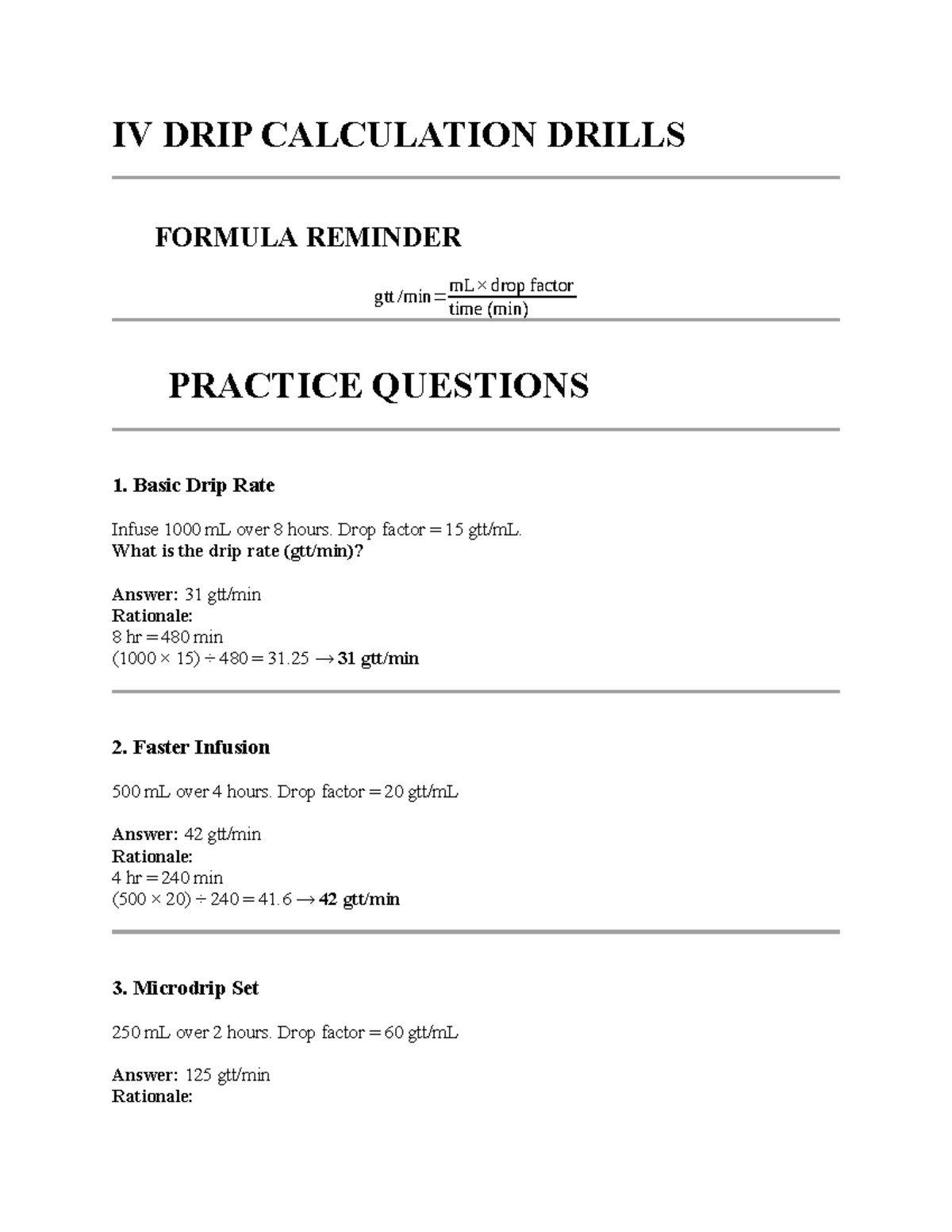 IV DRIP Calculation Drills: Practice Questions & Formulas - Studocu