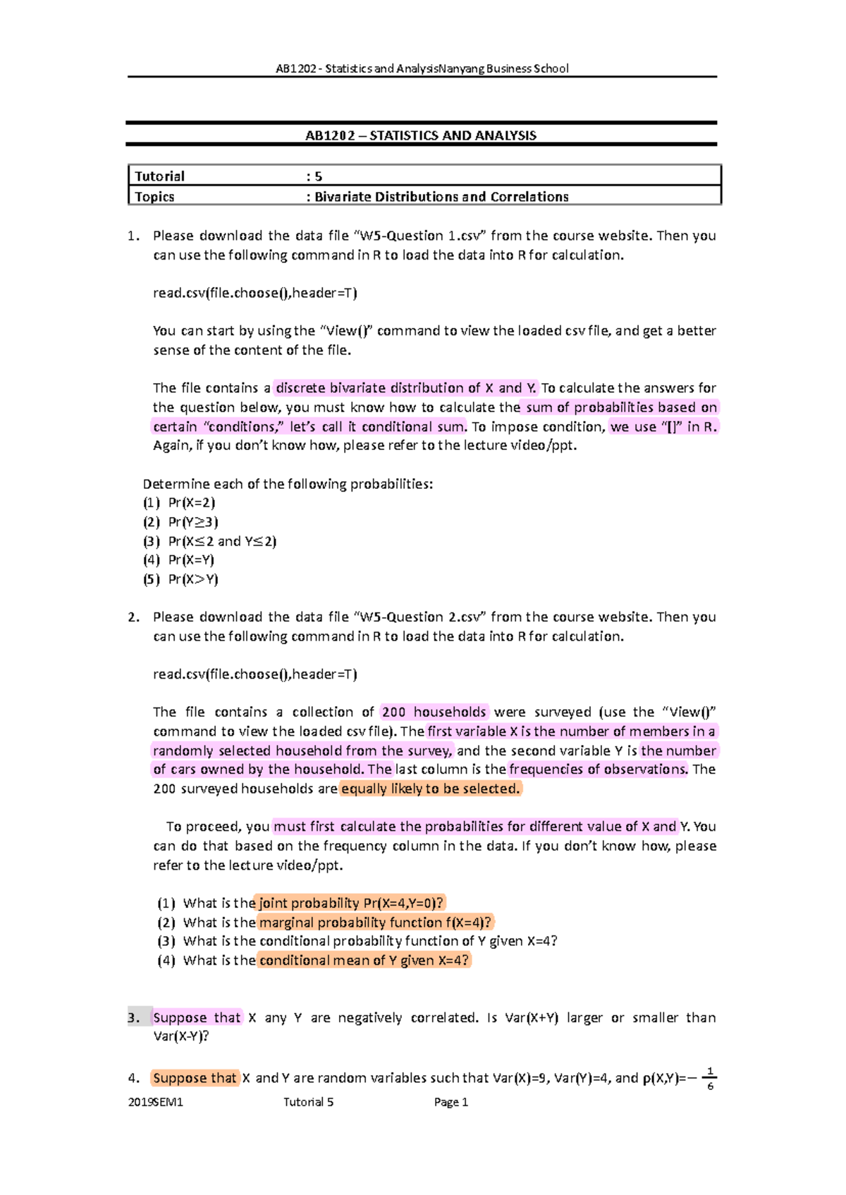 AB1202 Statistics & Analysis: Week 5 Tutorial on Bivariate ...