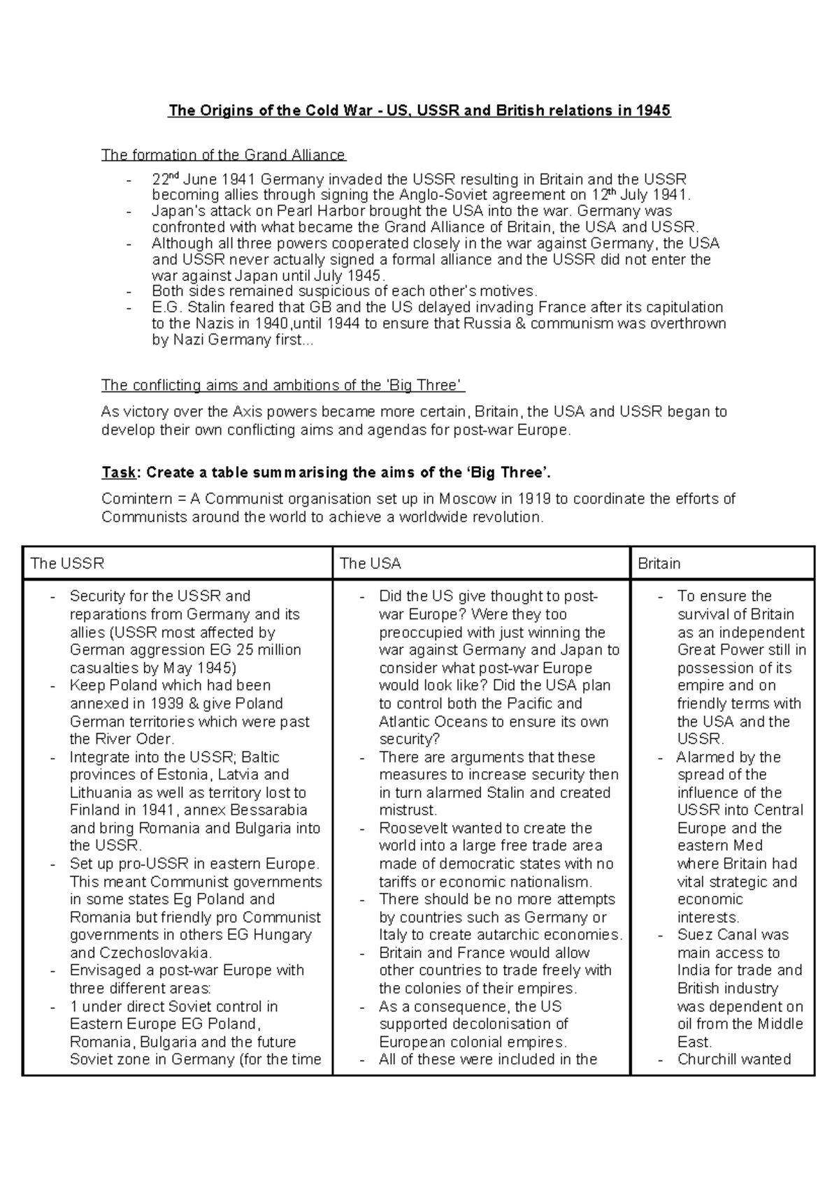 L2 Origins of cold war - conflict in Grand Alliance - The Origins of ...