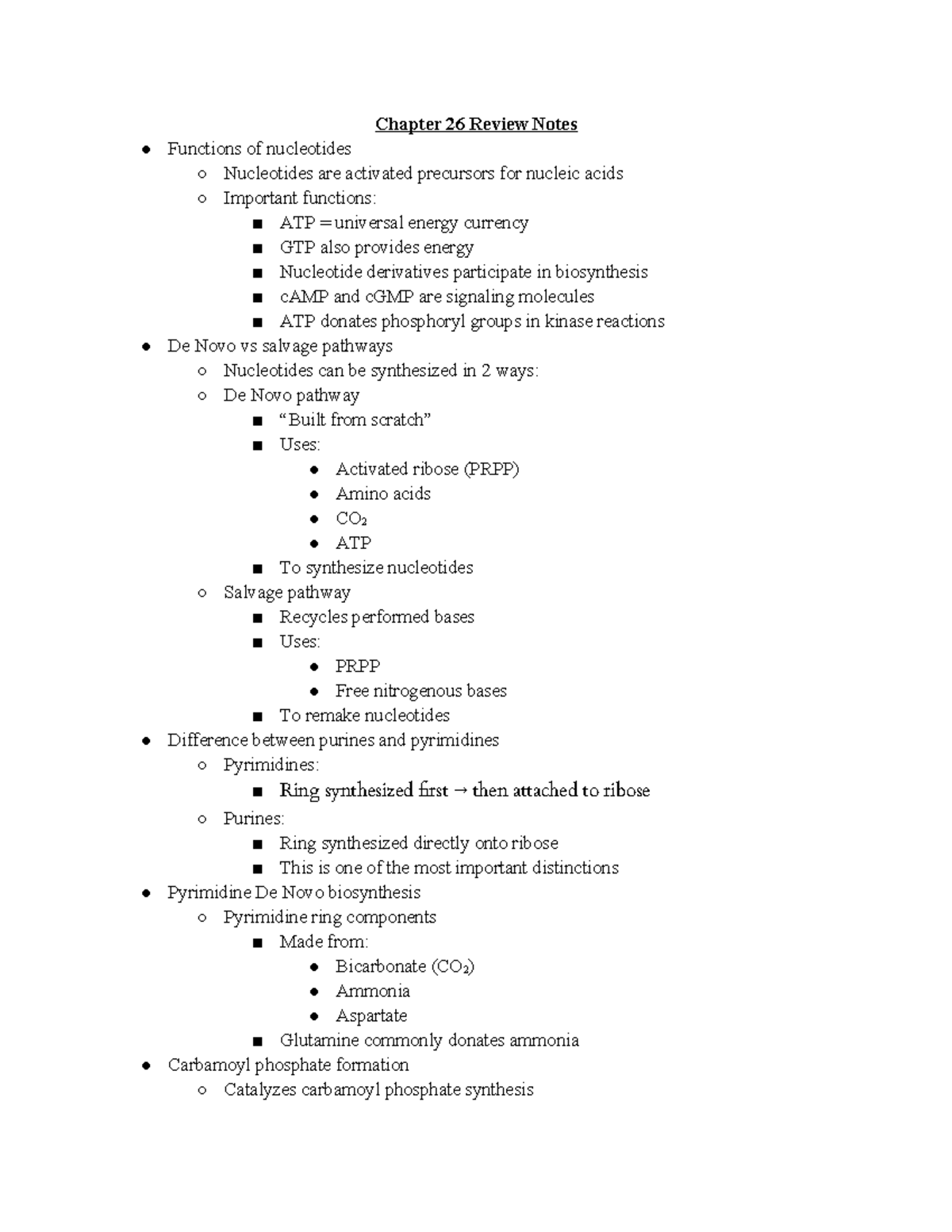Chapter 26 Review Notes: Functions and Synthesis of Nucleotides - Studocu
