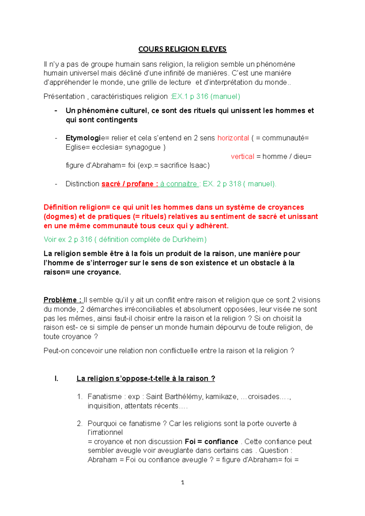 Cours RELIGION ÉLÈVES : Analyse des Relations entre Raison et Croyance ...