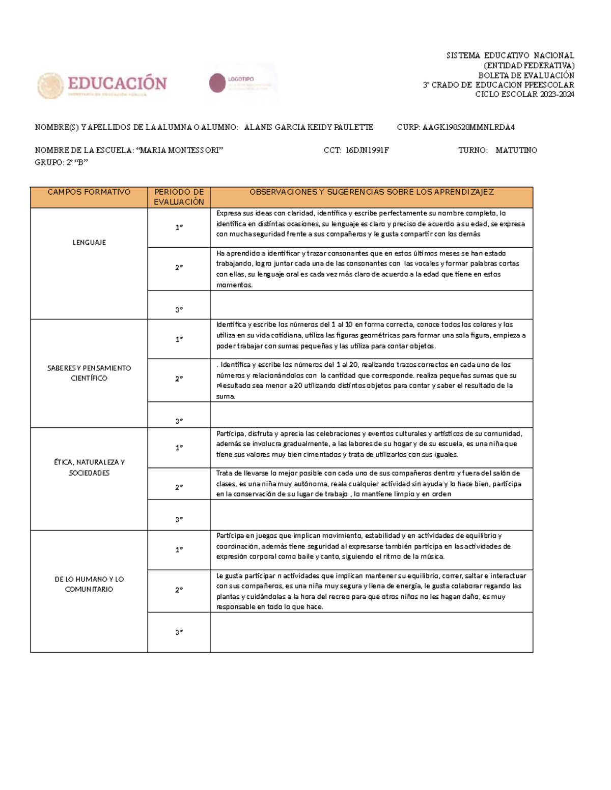 Boleta de Evaluación 3º Grado de Educación Preescolar - Ciclo Escolar - Document Preview
