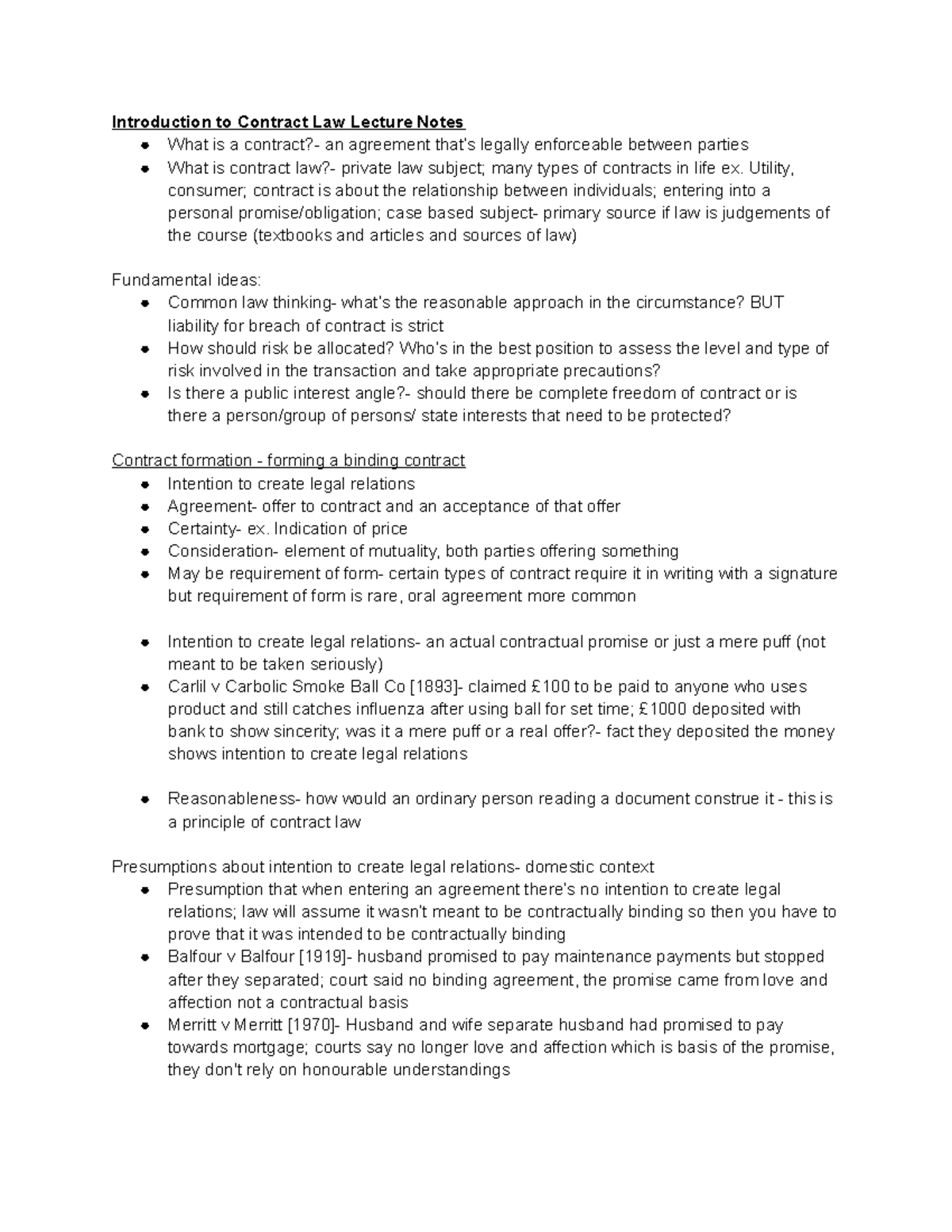 Introduction to Contract Lecture Notes - Introduction to Contract Law ...