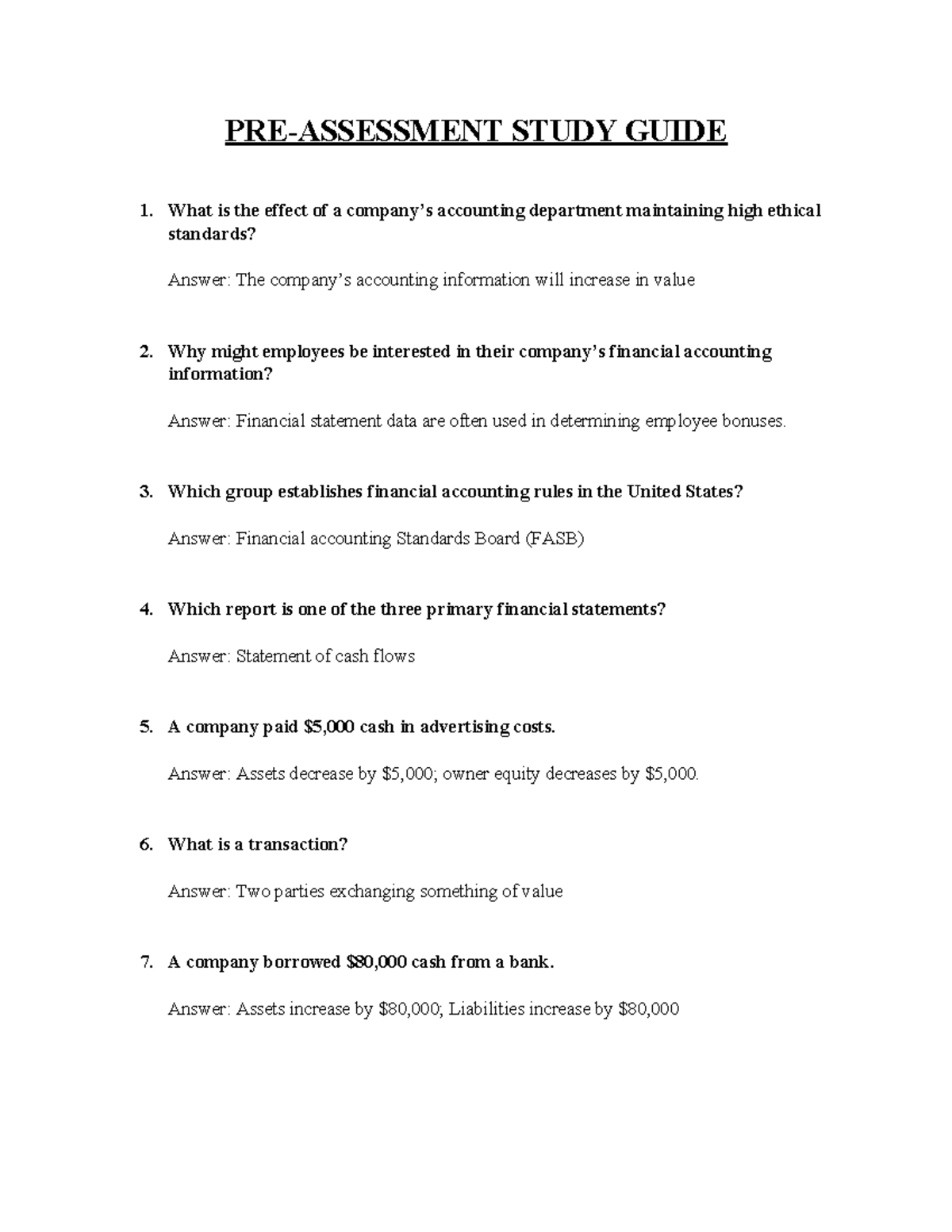 Pre-Assessment Study Guide for Accounting Concepts - Studocu