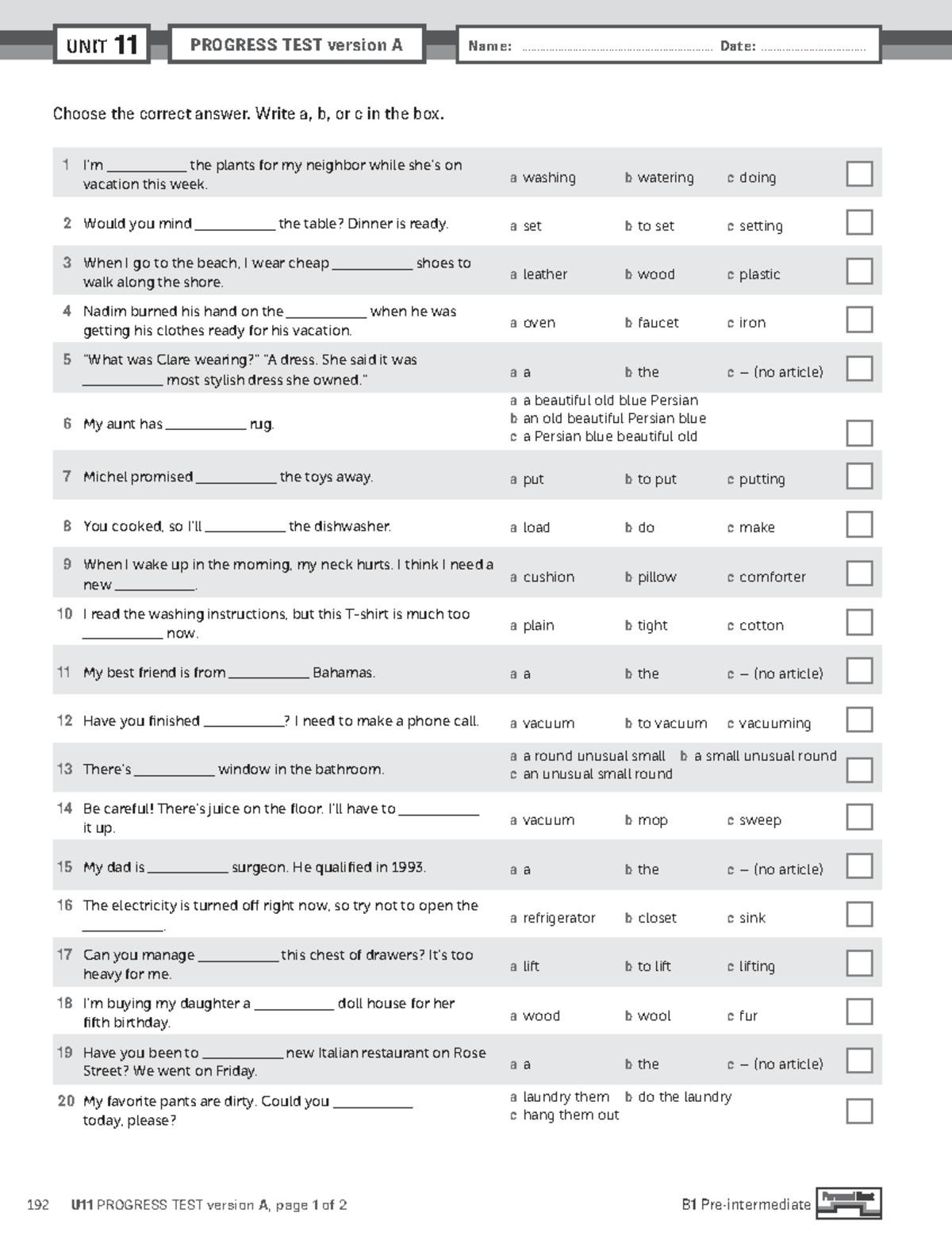 U11 PROGRESS TEST Version A: Answer Key and Instructions - Studocu