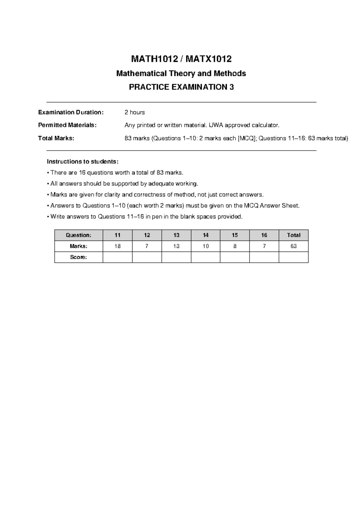 MATH1012 MATX1012 Mathematical Theory & Methods PRACTICE EXAM 3 - Studocu