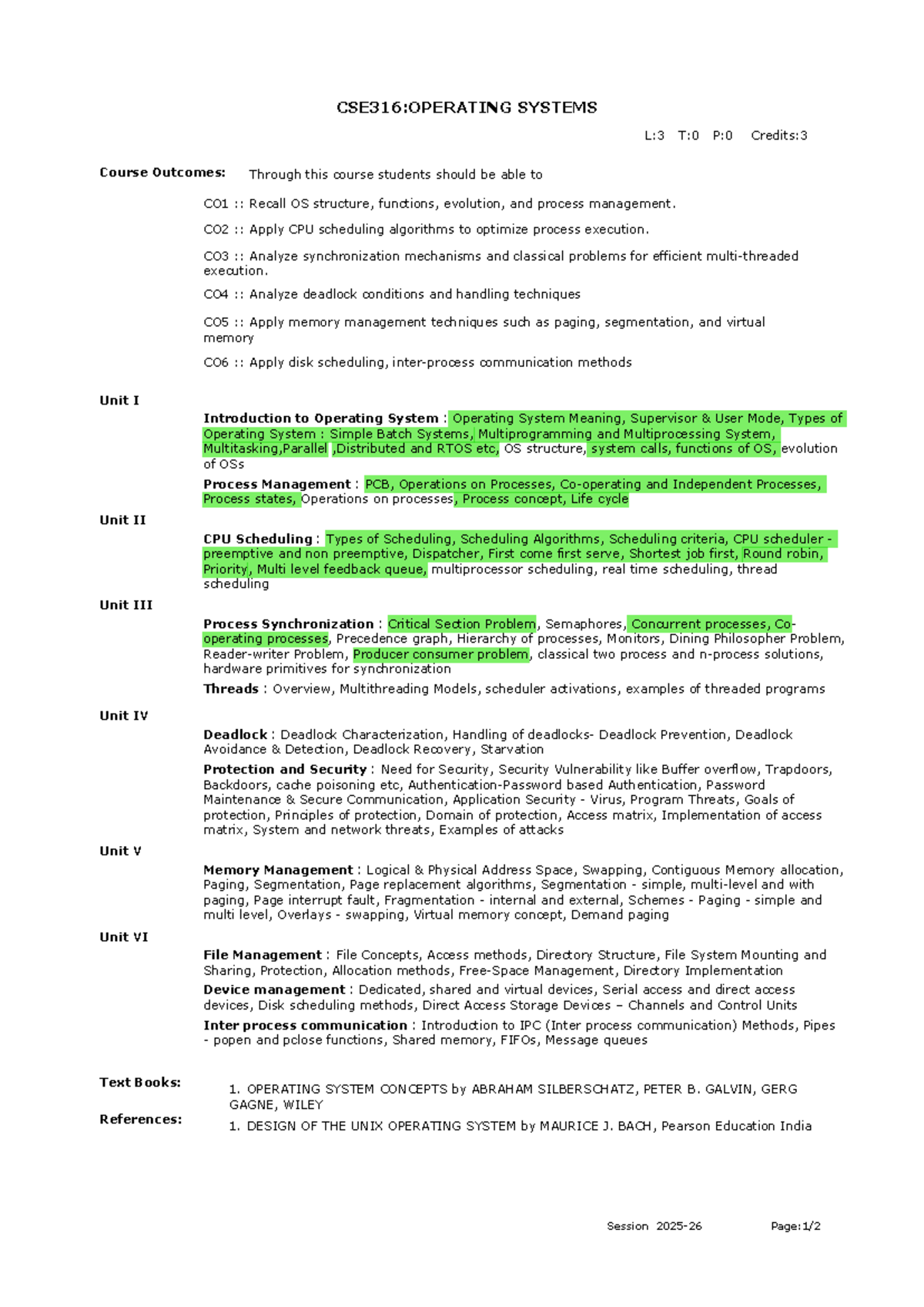 CSE316: Operating Systems Syllabus Overview and Course Outcomes - Studocu