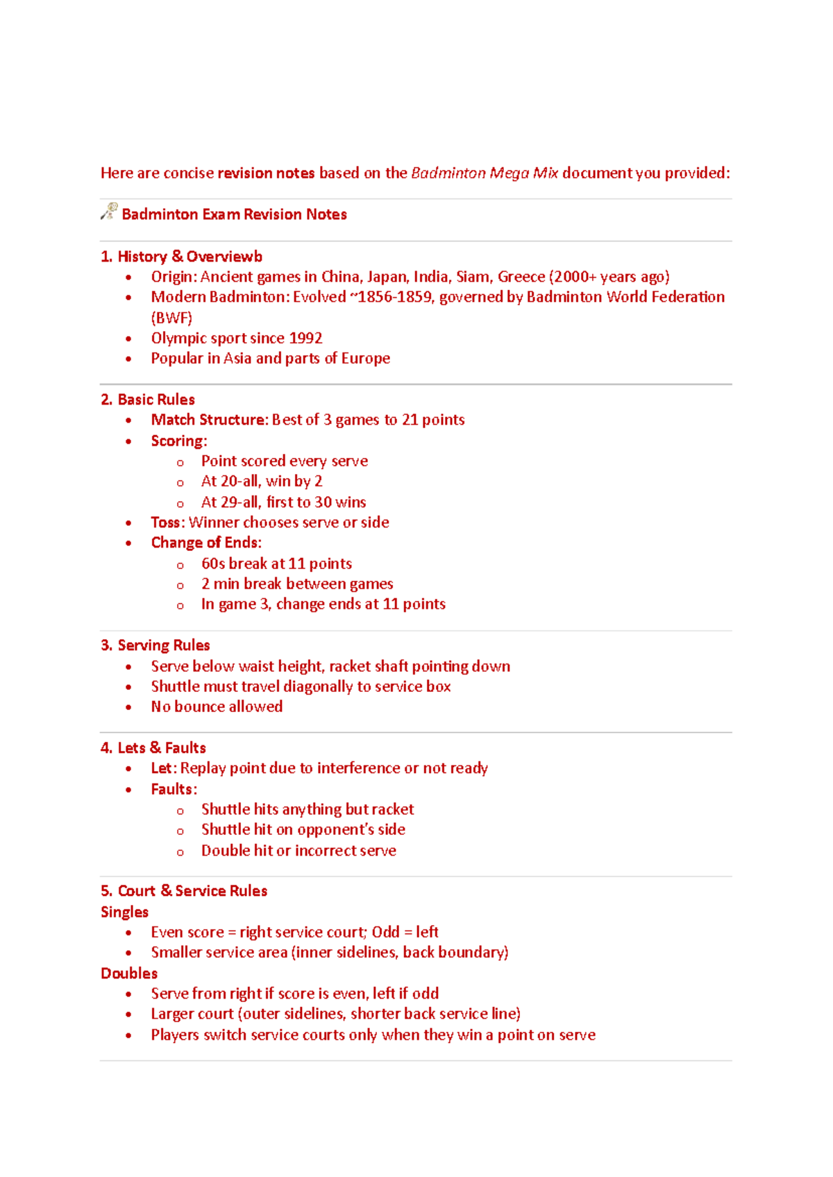 Badminton Exam Revision Notes (Course Code: Doc 3) - Studocu