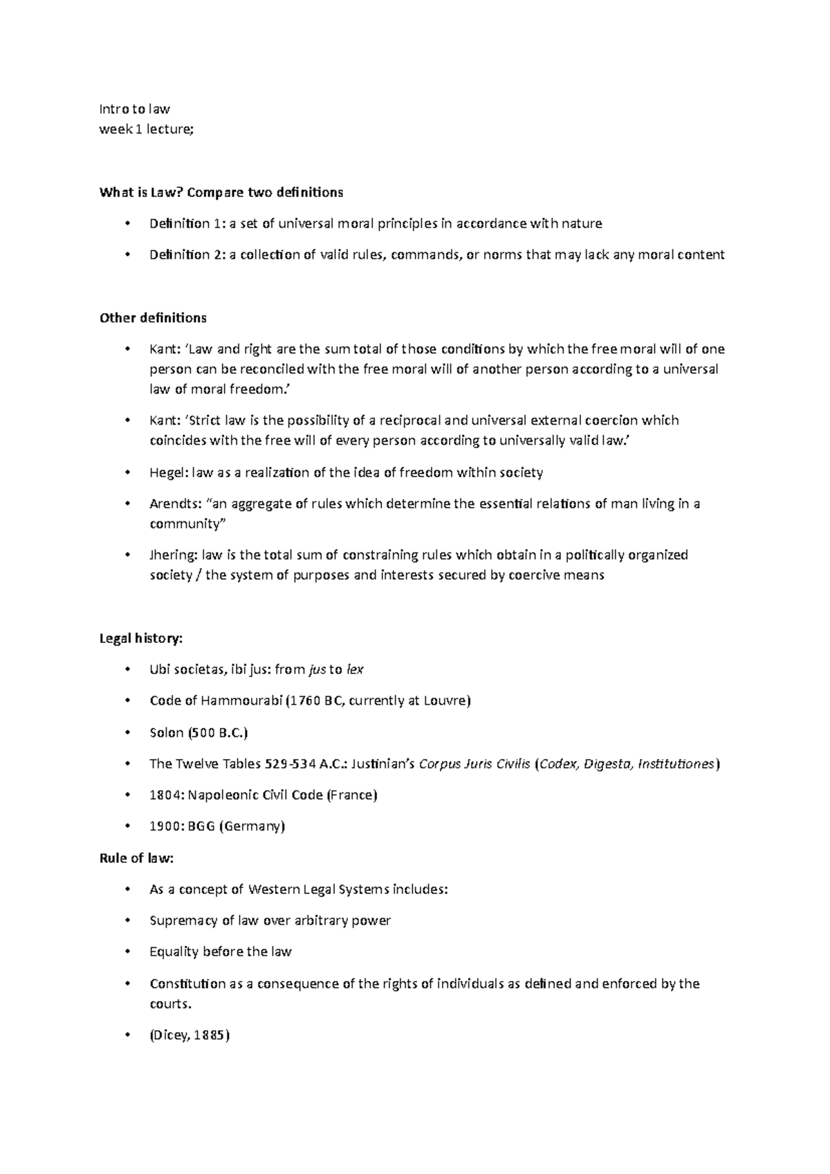 LAW101: Week 1 Lecture Notes - Intro to Law Definitions & Concepts ...
