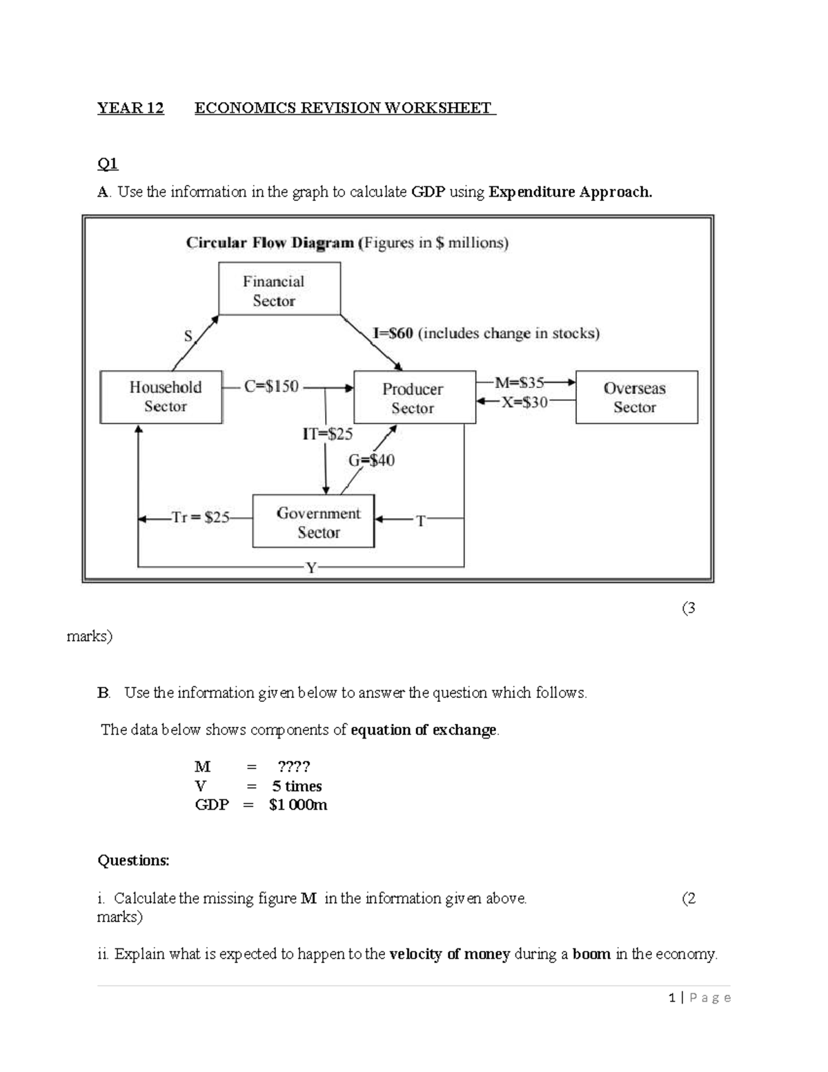 YEAR 12 ECONOMICS REVISION WORKSHEET: GDP & Economic Growth Analysis ...