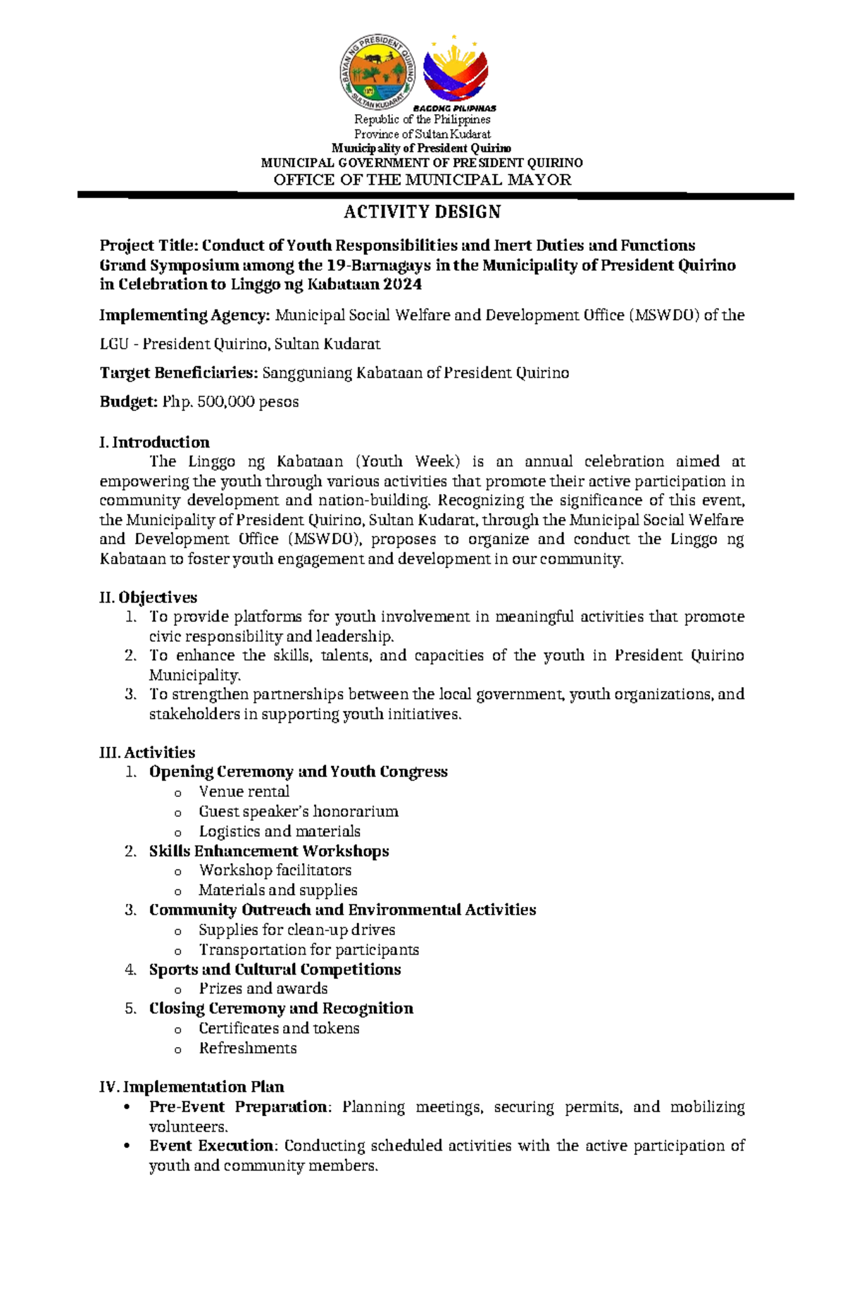 Activity Design for Youth Symposium - Linggo ng Kabataan 2024 - Studocu