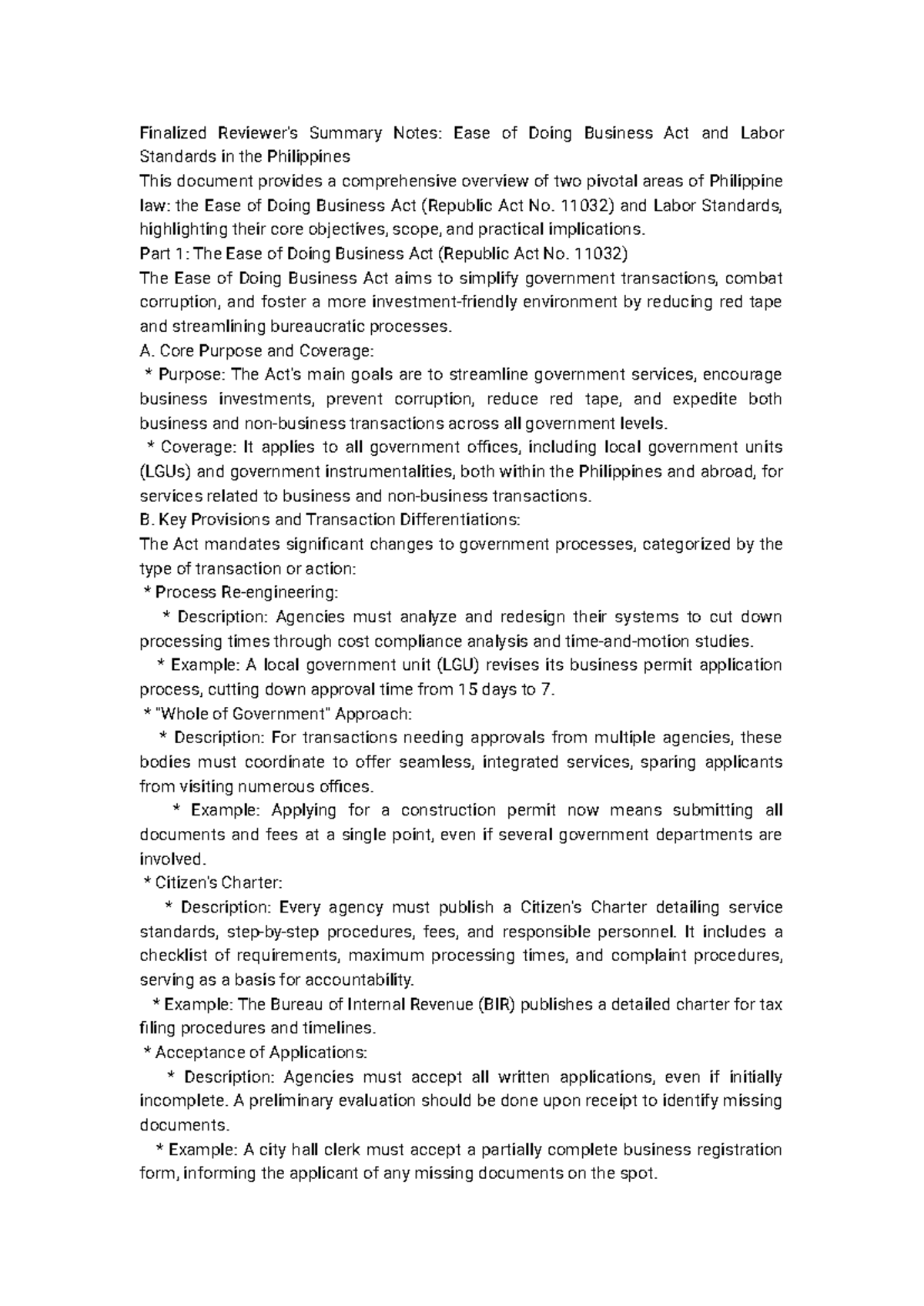 Final Exam Notes: Ease of Doing Business Act & Labor Standards in the ...
