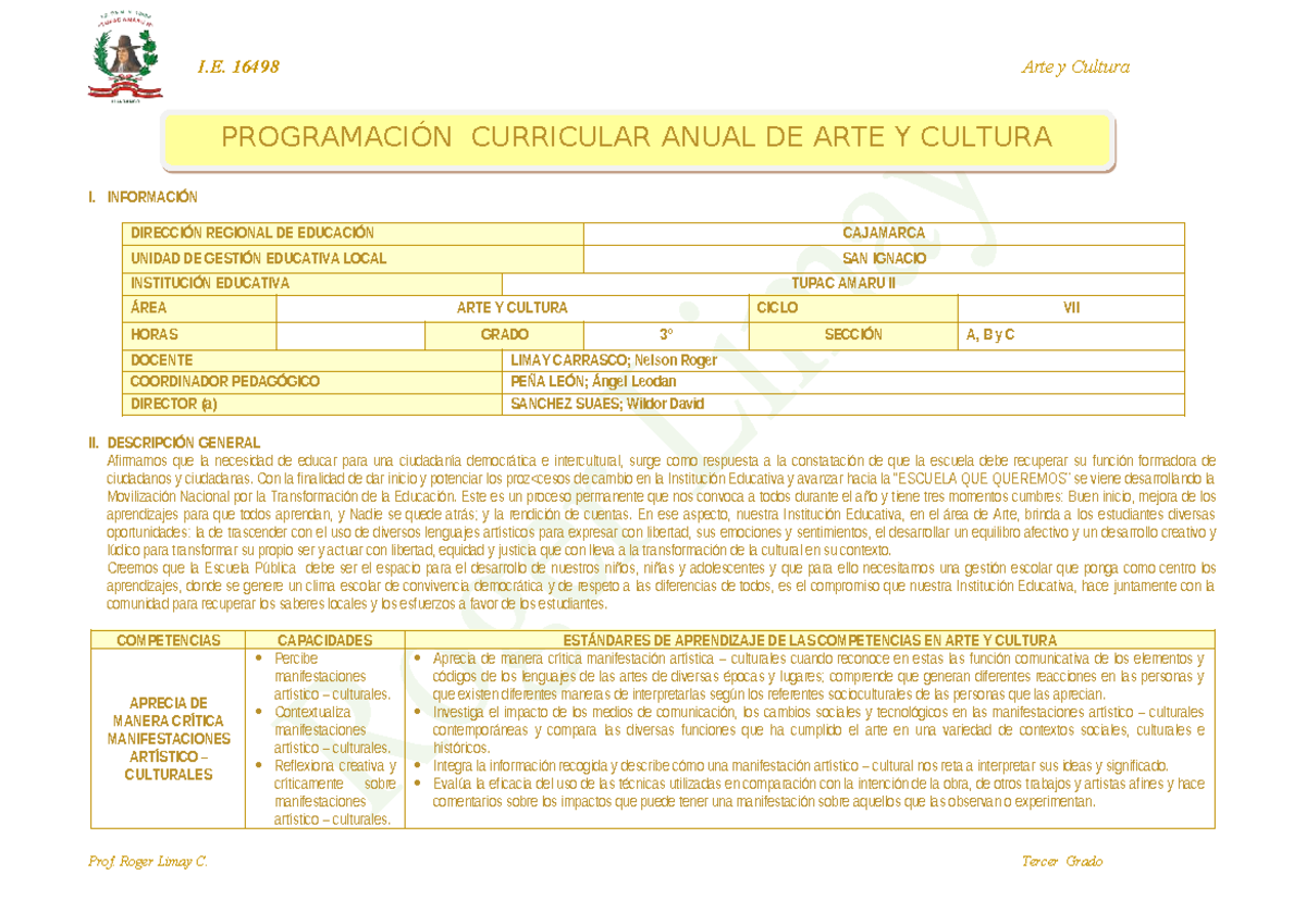 I.E. 16498 Programación Curricular Anual de Arte y Cultura - 3° Grado - Document Preview