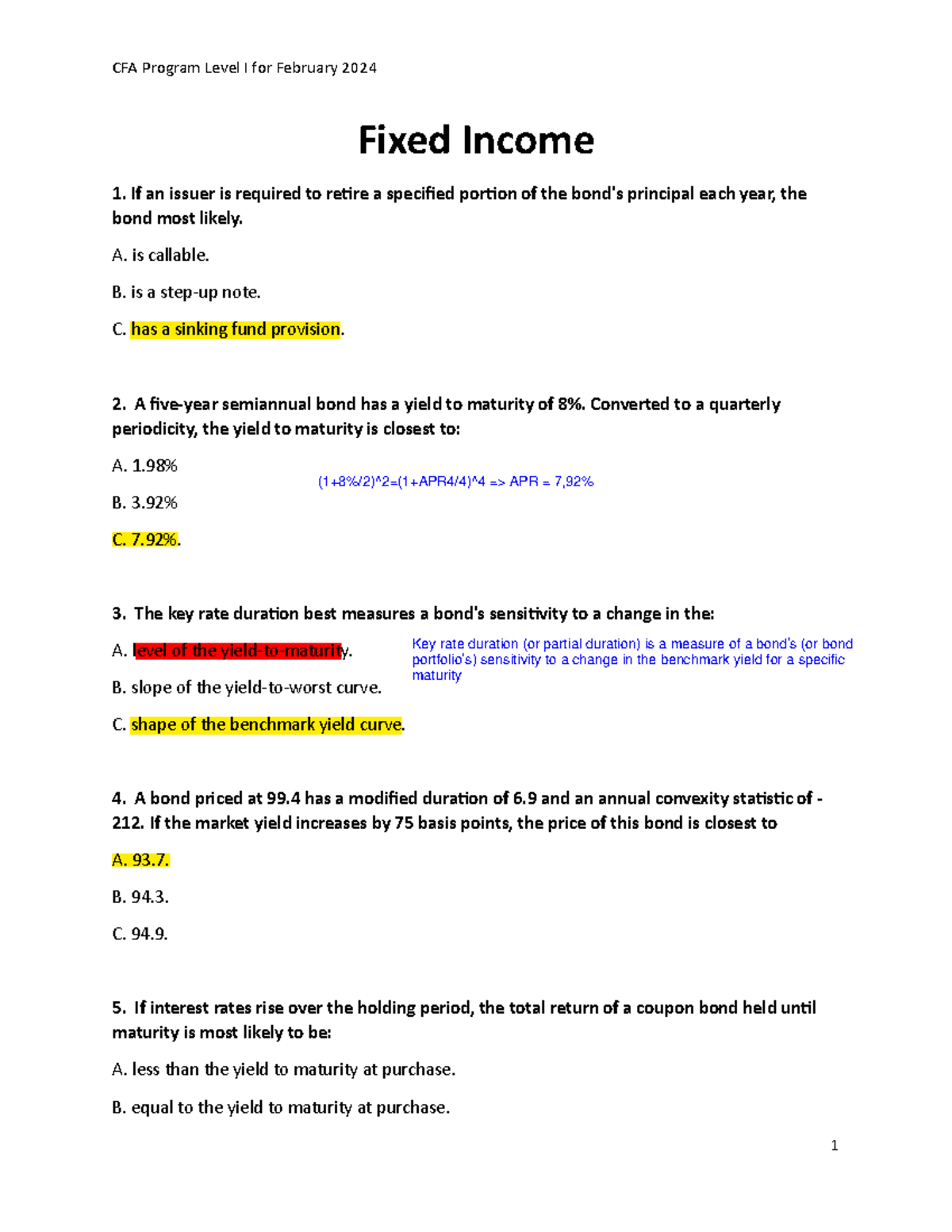 CFA Program Level I - February 2024 Fixed Income Questions - Studocu