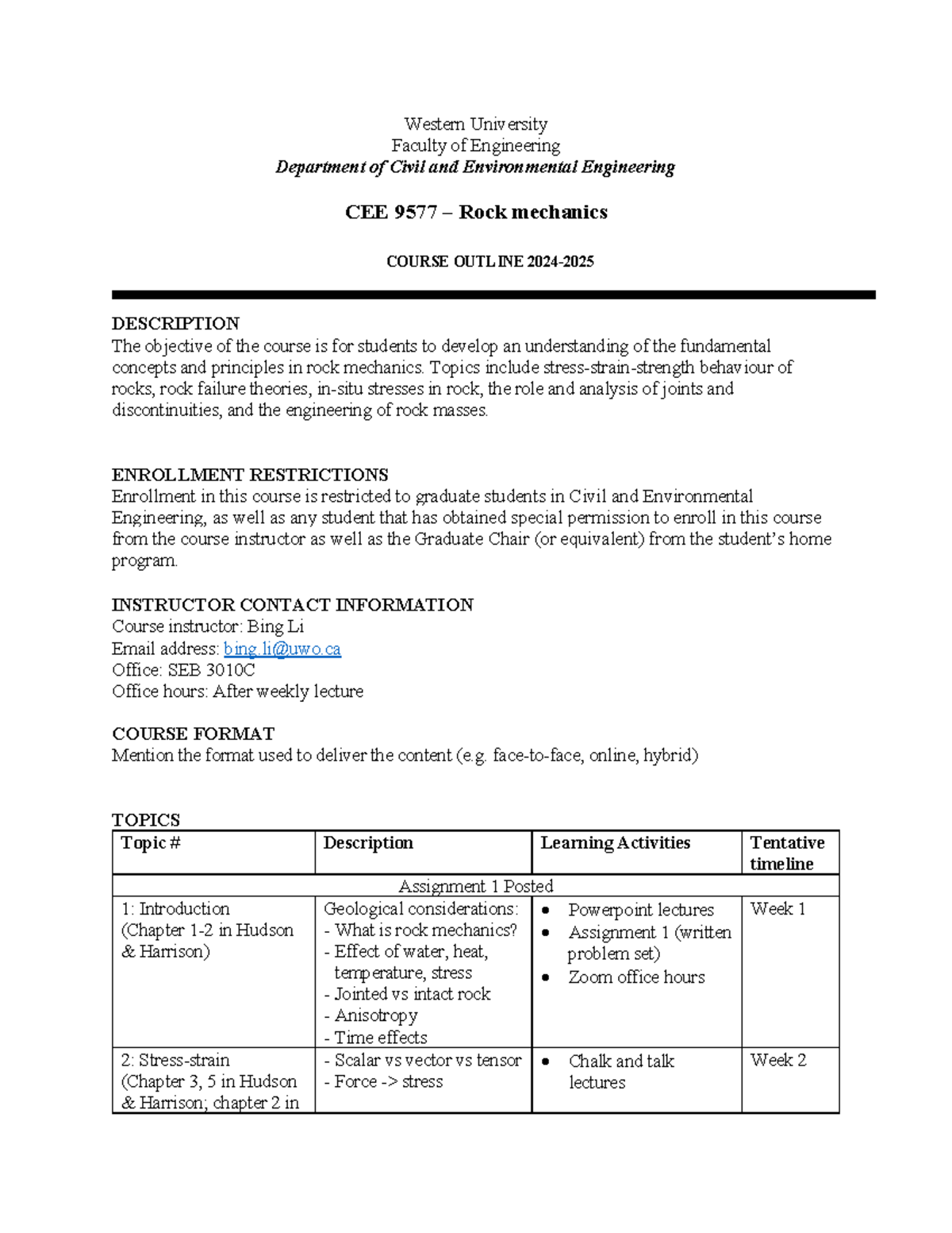 Course Outline: Rock Mechanics CEE 9577 at Western University - Studocu
