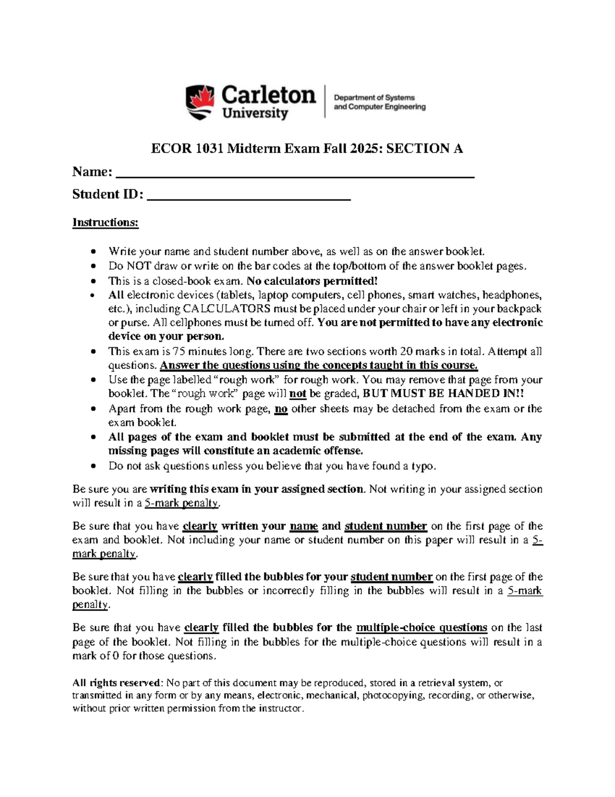 ECOR 1031 Midterm Exam Fall 2025: Section A Instructions & Questions ...