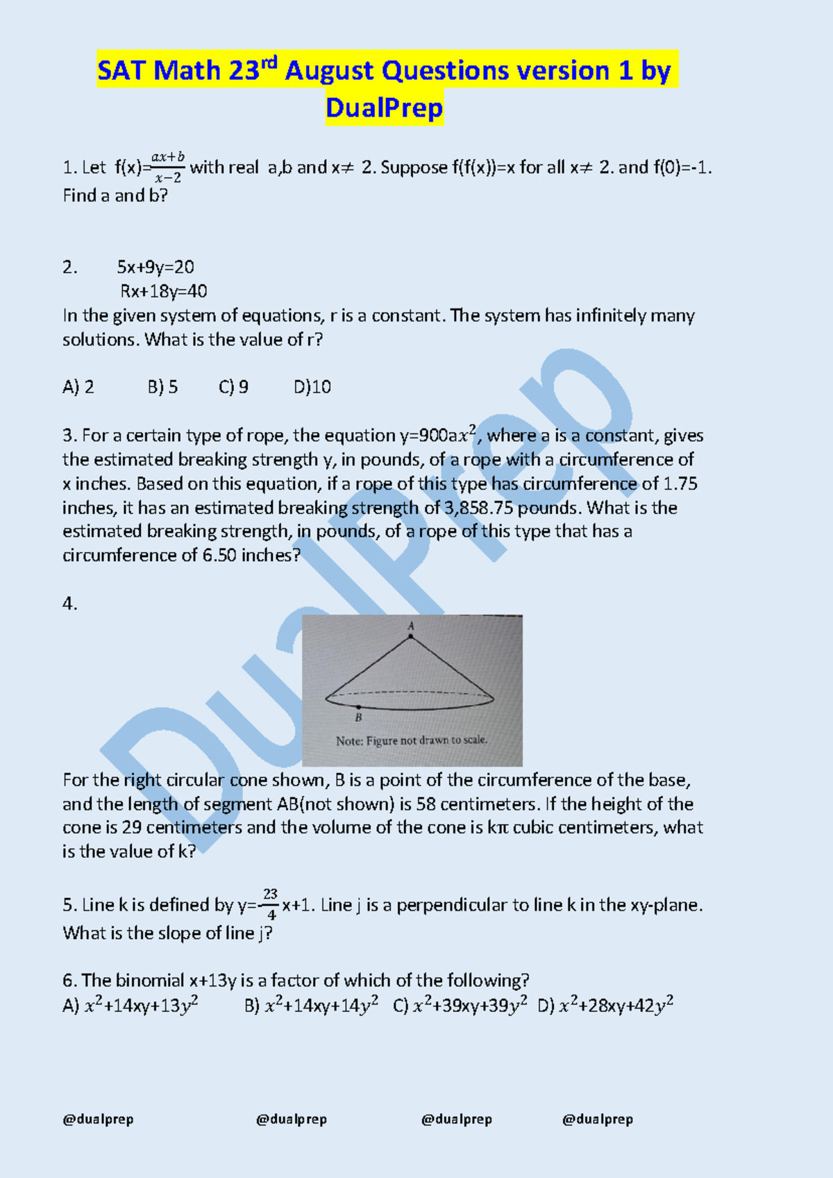 SAT Math Exam Questions - 23rd August 2023 Version 1 by DualPrep - Studocu