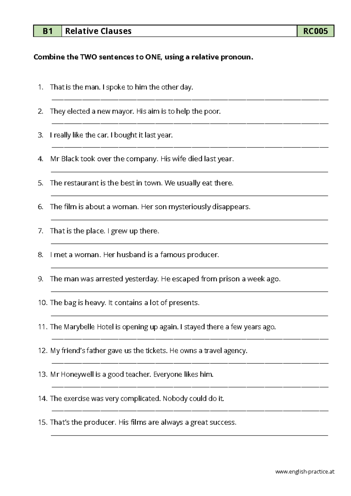 Rc005 Relative Clauses Practice Exercises for B1 Level Students - Studocu