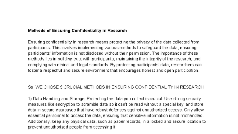 Methods of Ensuring Confidentiality in Research - This involves ...