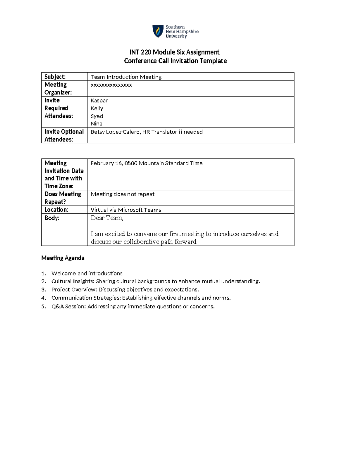 INT 220 Conference Call Invitation Template & Team Management Plan ...