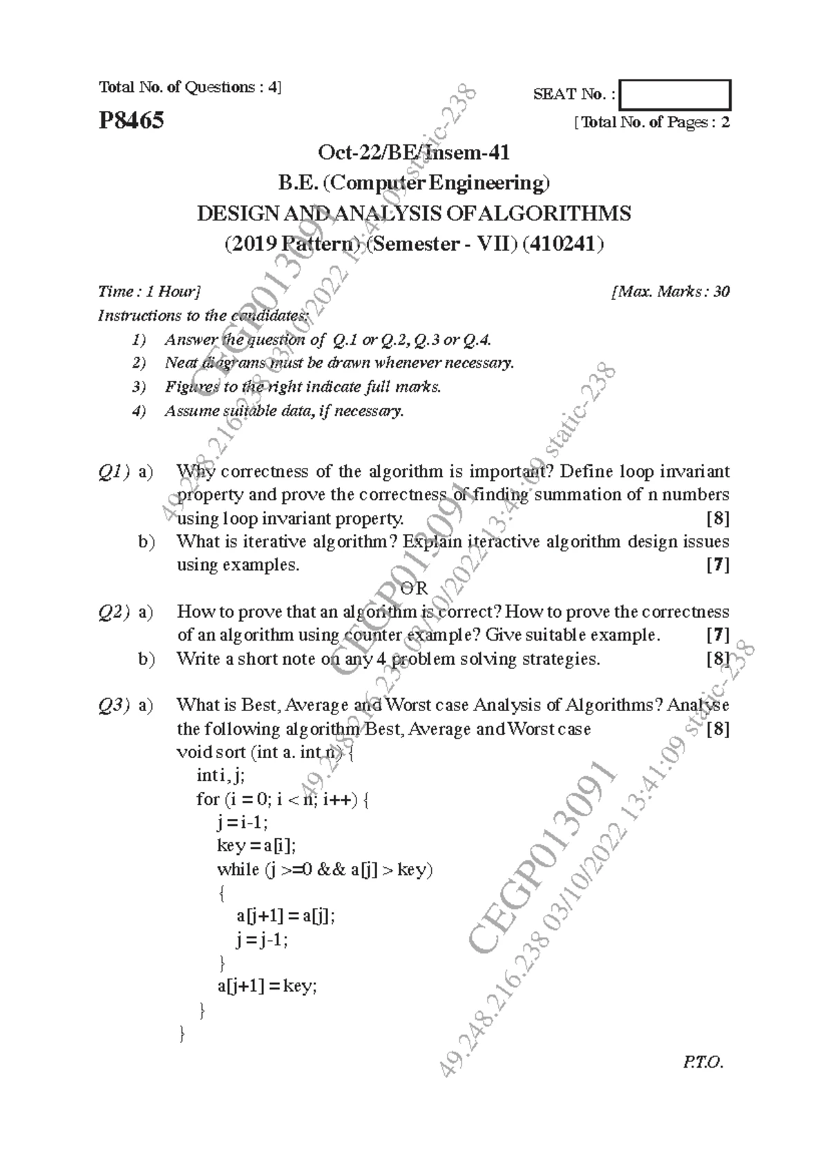 Design and Analysis of Algorithms (410241) Insem Exam Notes - Studocu