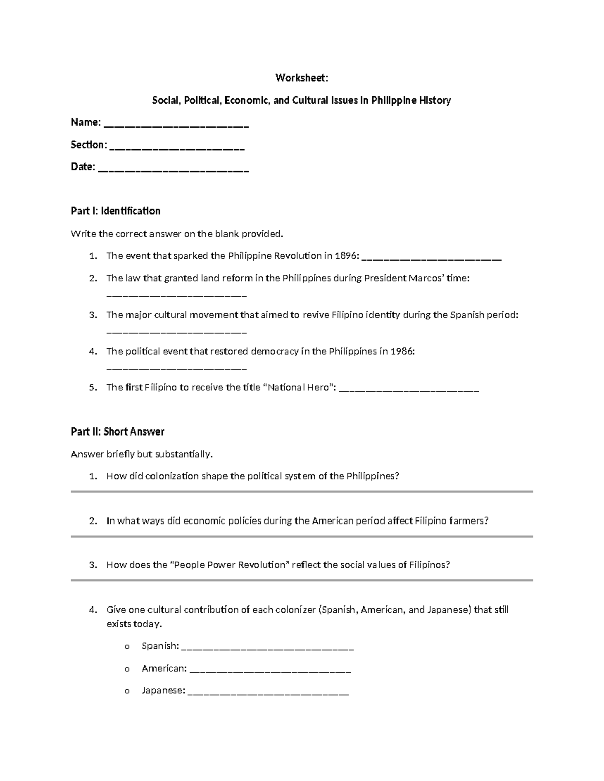 GE 2 Activity 101 - Worksheet on Philippine History Issues - Studocu