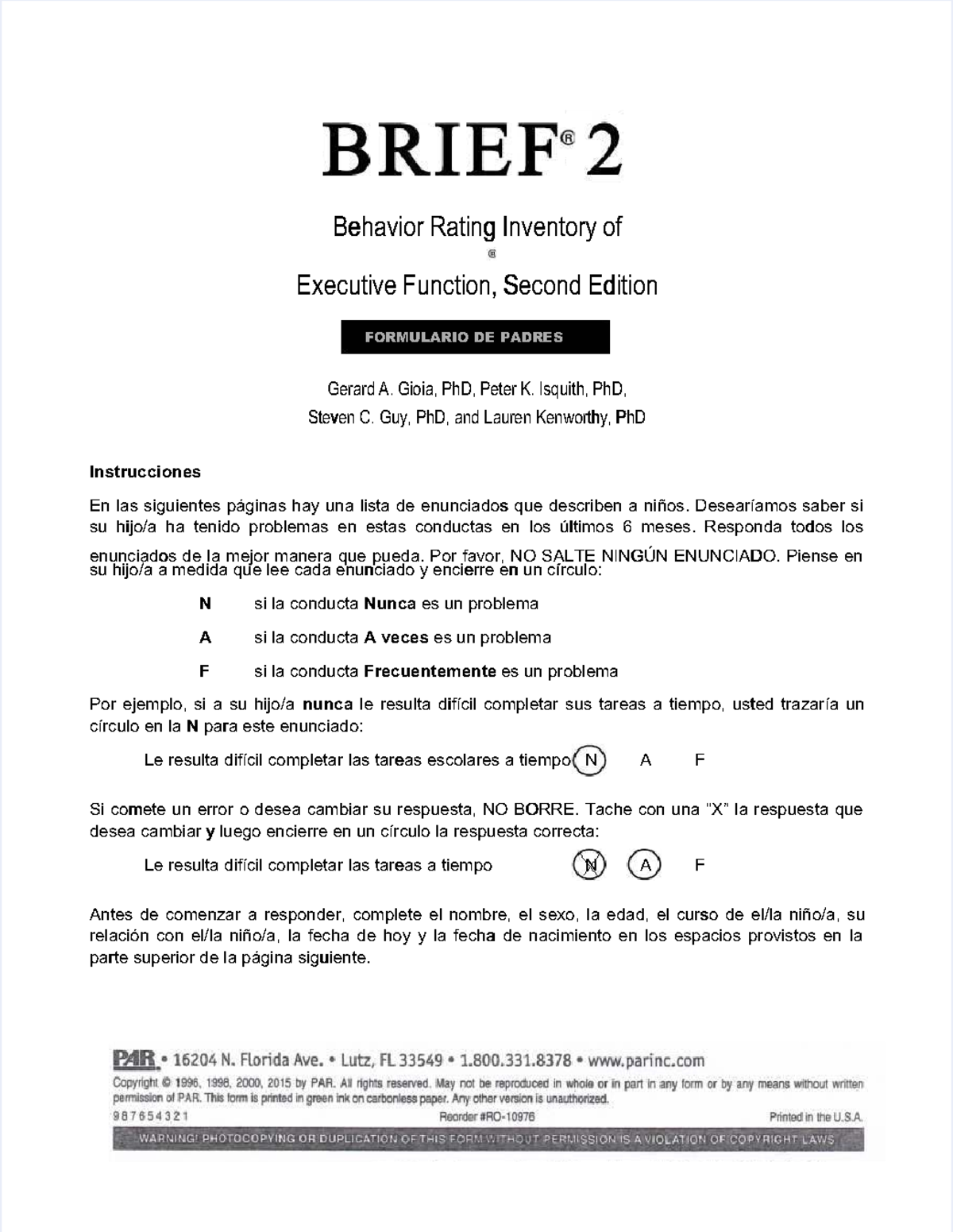 RIEF Behavior Rating Inventory of Executive Function - Parent Form ...