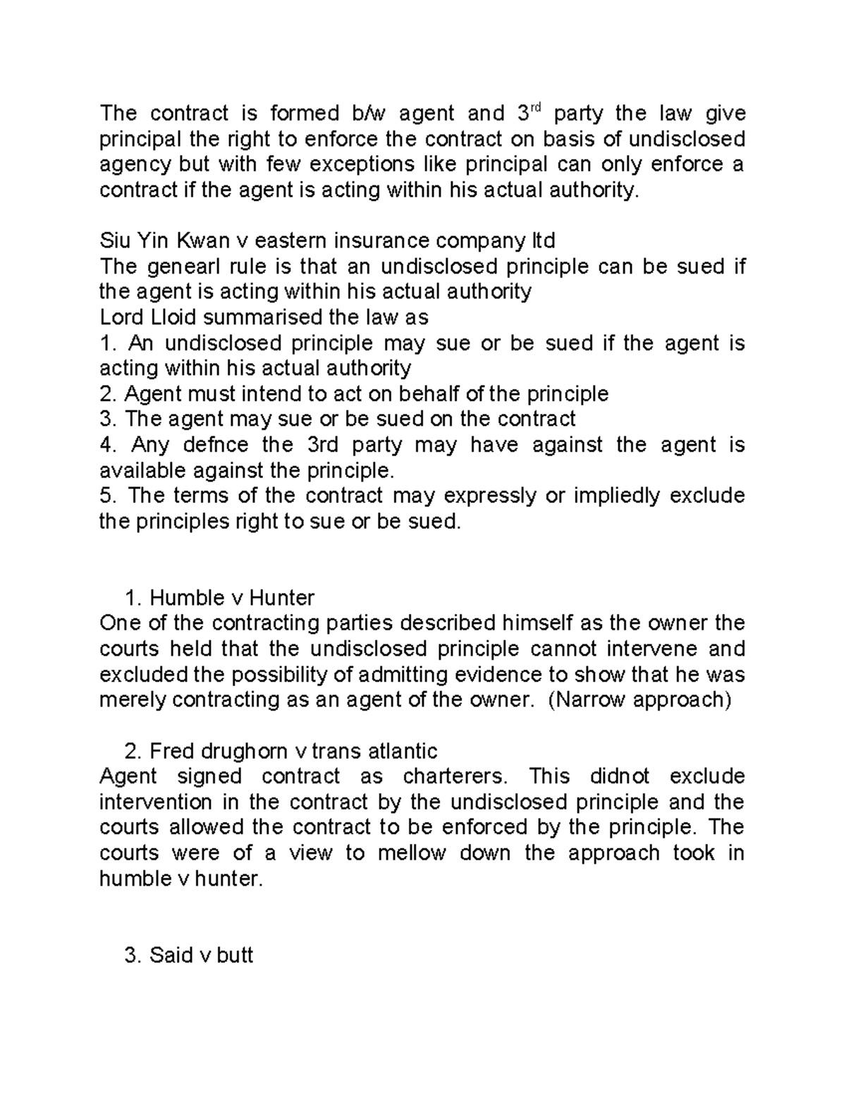 Undisclosed Agency Overview Notes: Legal Principles & Cases - Studocu