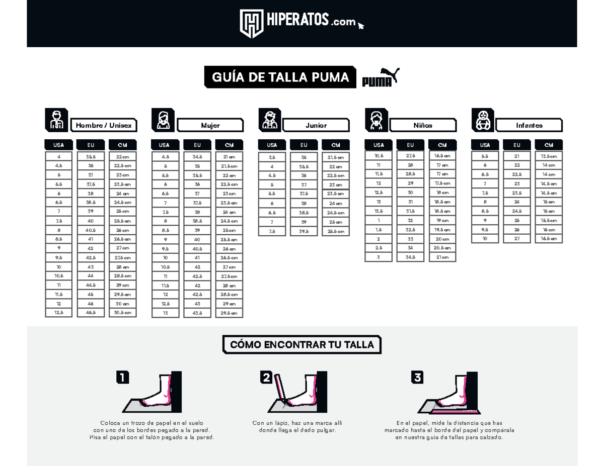calzado guÃ­a de tallas puma centimetros niÃ±os