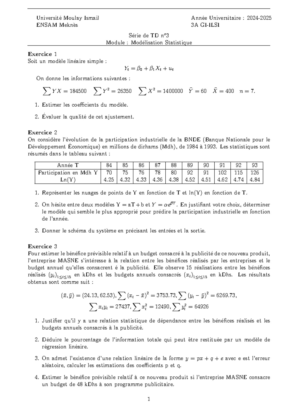 TD3 GI - Modélisation Statistique : Exercices et Estimations - Studocu