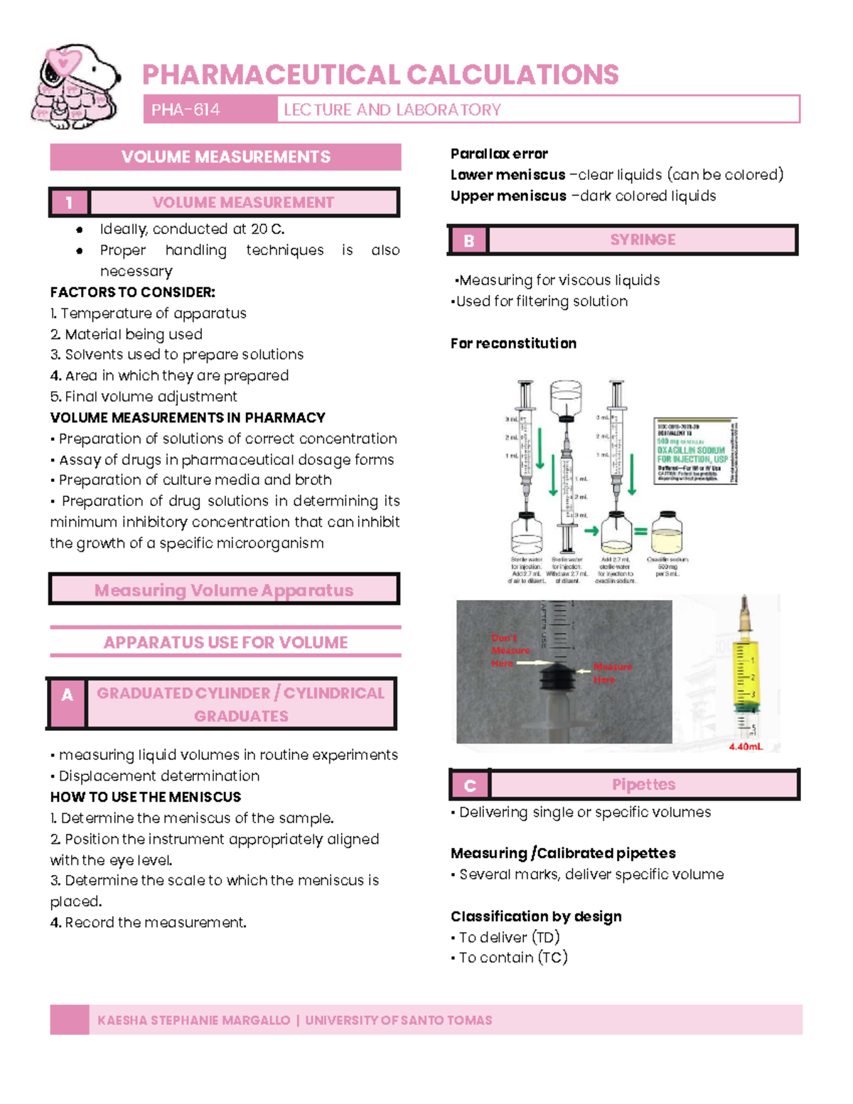 PHAR 101: Pharmaceutical Calculations Lecture & Lab Notes on Volume ...