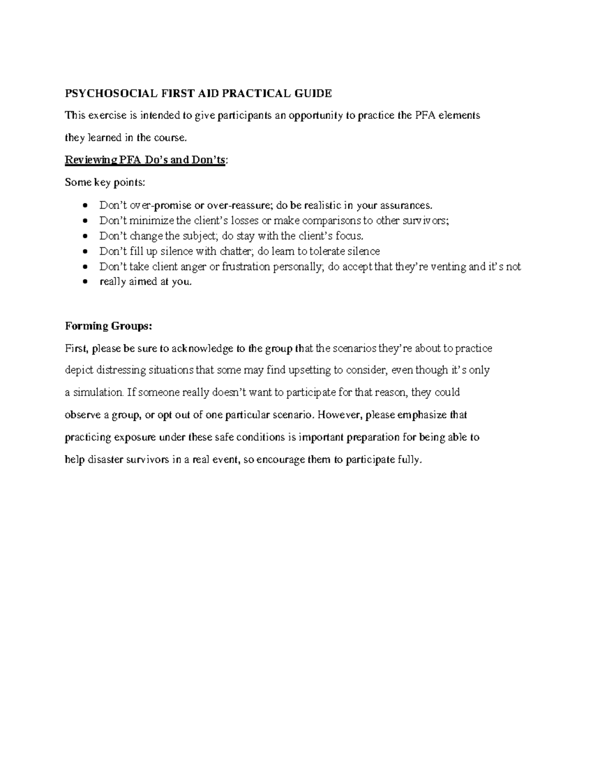 Psychosocial First Aid (PFA) Practical Guide for Course Training - Studocu