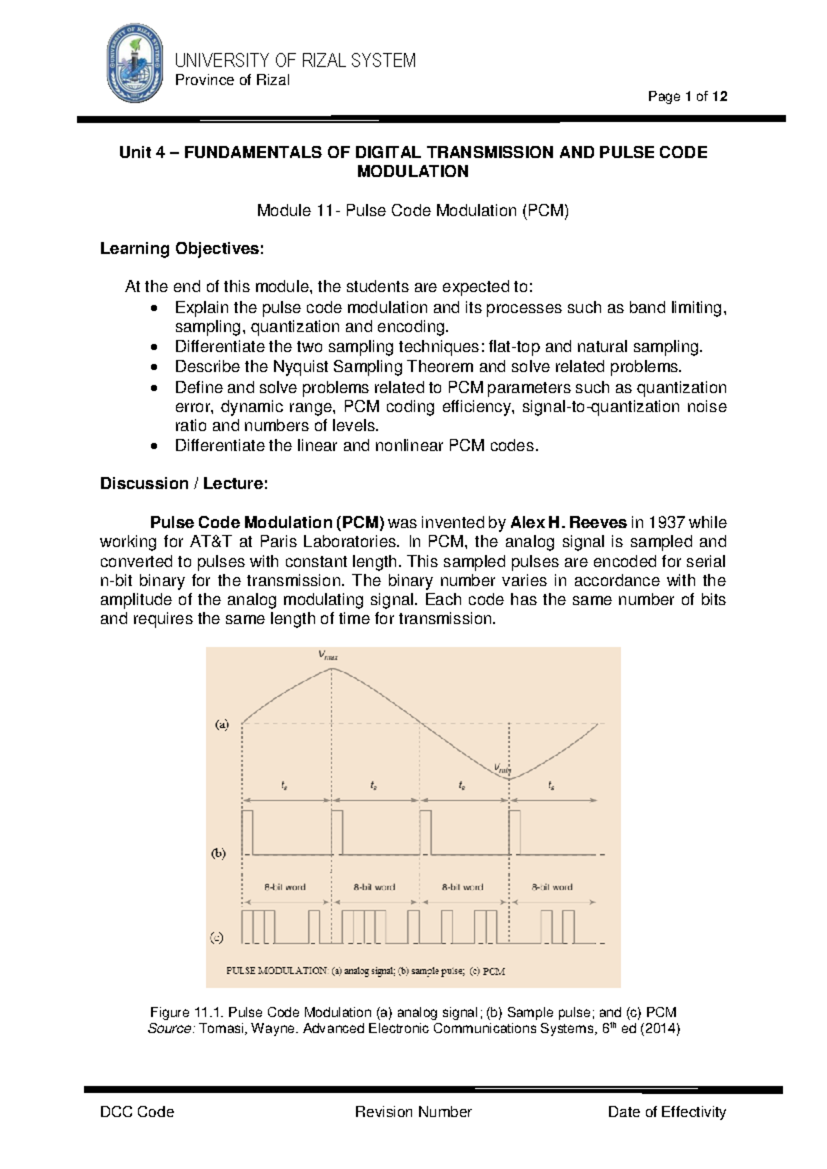 Unit 4 Module 11 - In-depth Analysis of Pulse Code Modulation (PCM ...