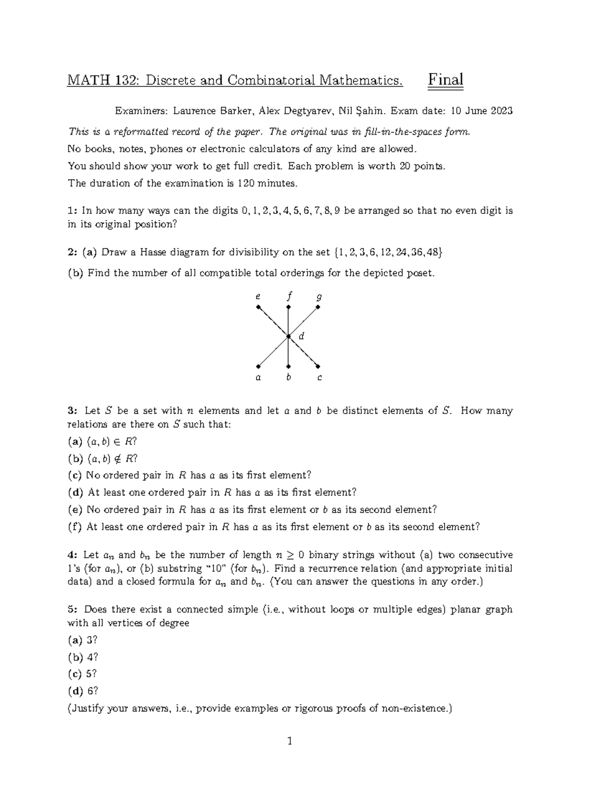 MATH 132: Discrete & Combinatorial Math Final Exam 2023 - Studocu
