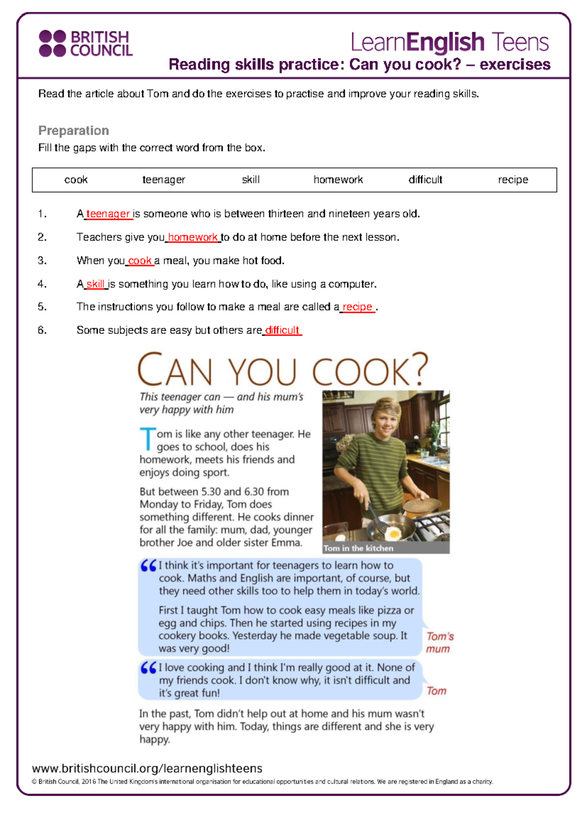 Reading and listening. (week 2)-1 - cook teenager skill homework ...