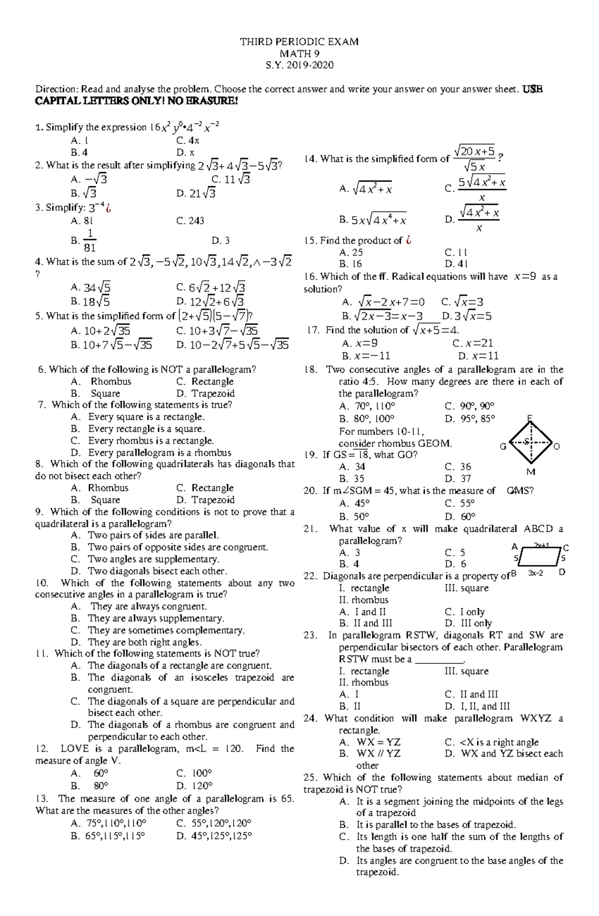 Mathematics 9 - 2nd Periodical Test (S. 2018) Multiple Choice Questions ...