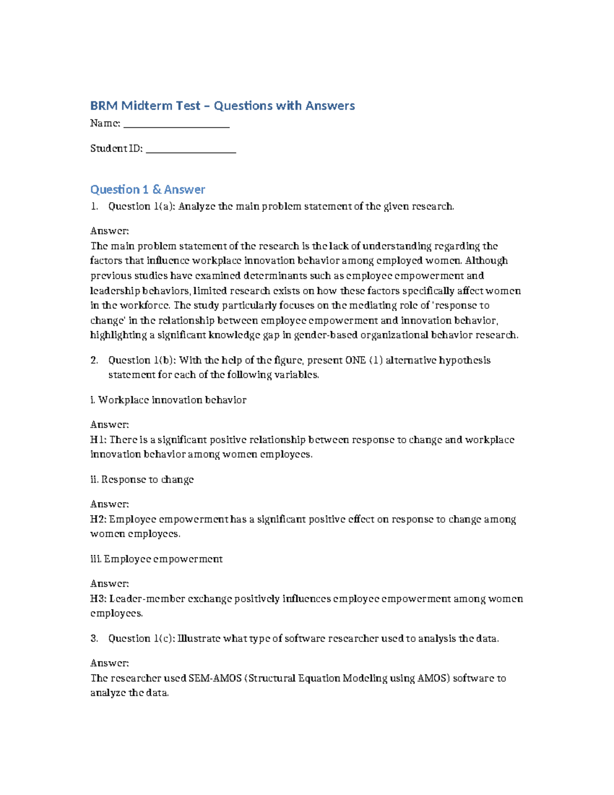 BRM Midterm Test Questions & Answers: Workplace Innovation Analysis ...