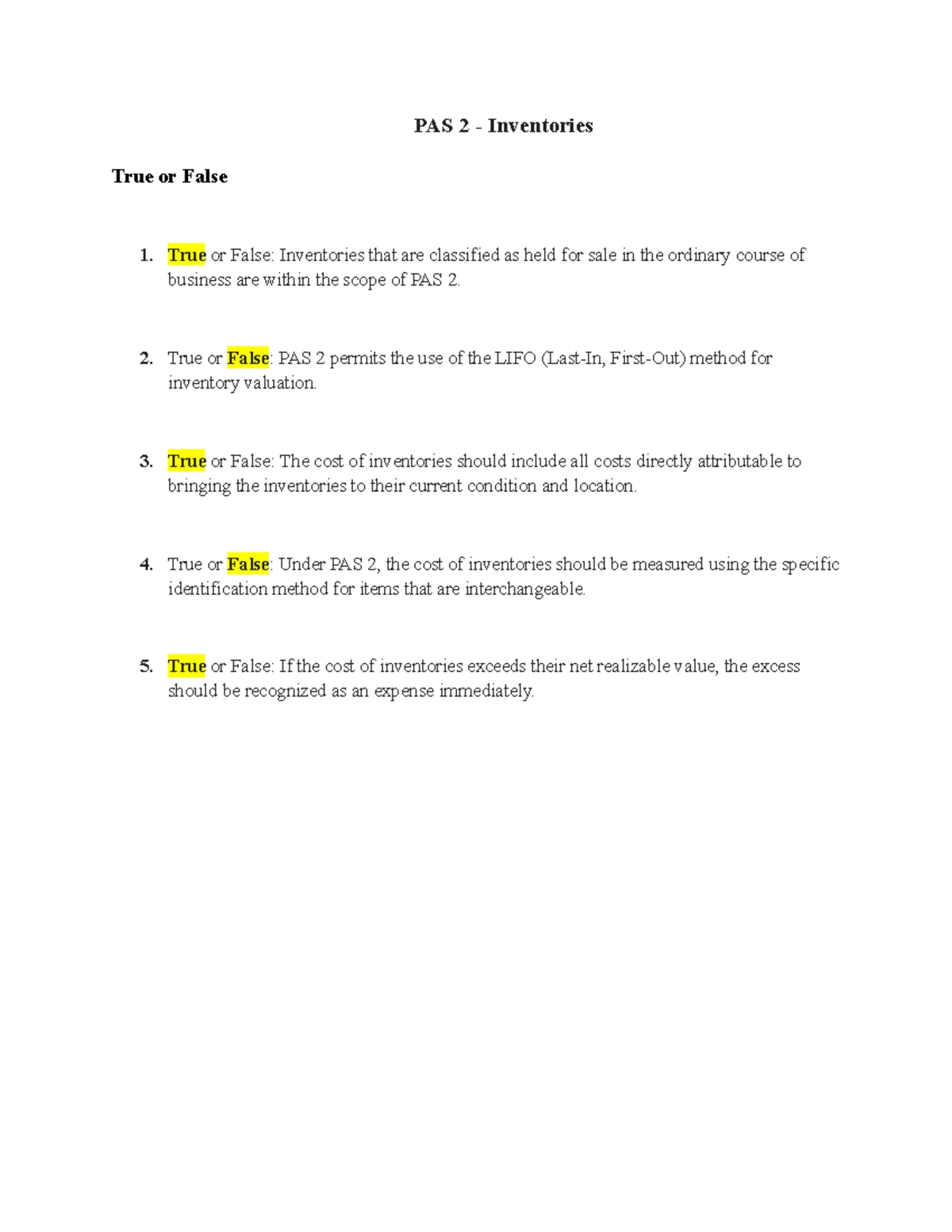 PAS 2 - Inventory Measurement True/False Answer Key - Studocu