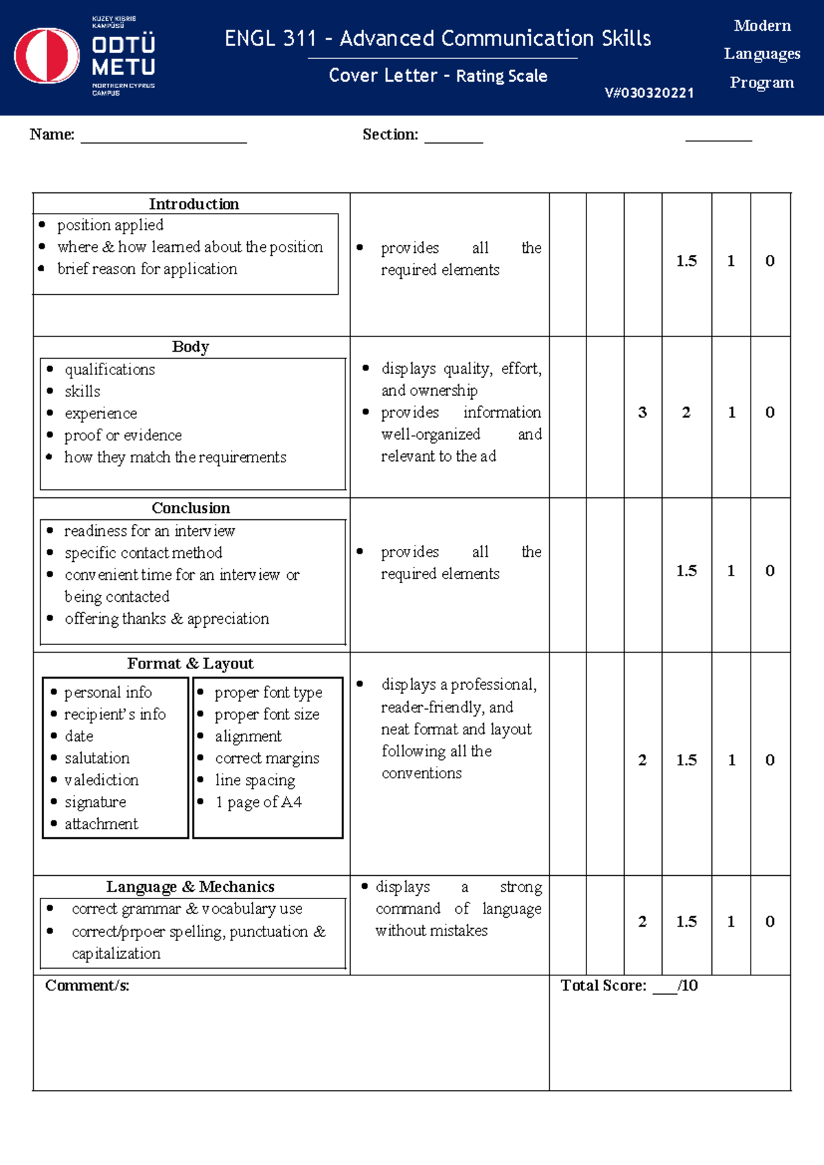 Cover letter rubric - bhn - V# 02019 ENGL 311 – Advanced Communication ...