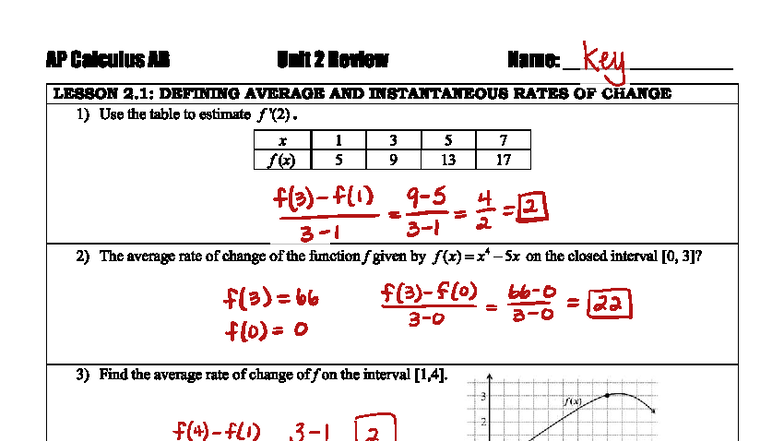 AP Calculus AB (Unit 2) Test Review: Lessons 2.1-2.5 Answers - Studocu