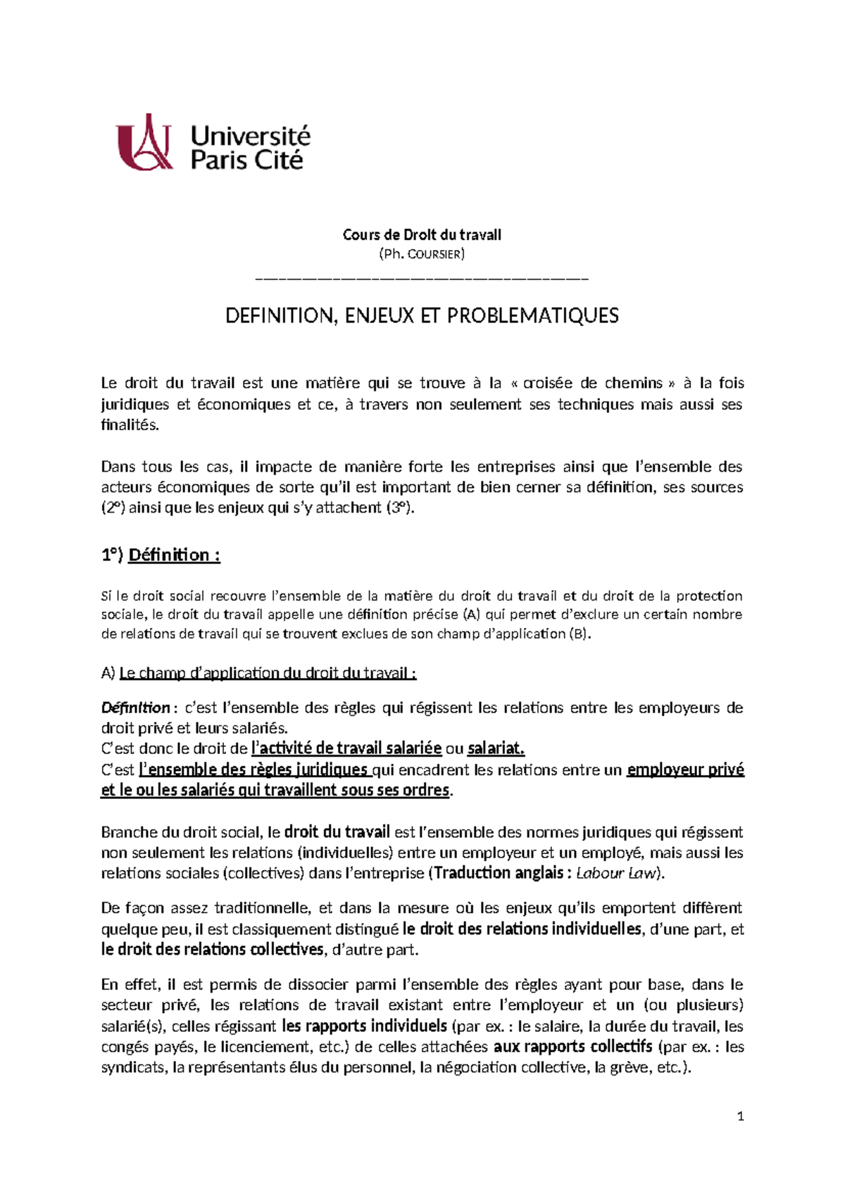 02-Cours de Droit du Travail L3 CCA - Définition, Enjeux et ...