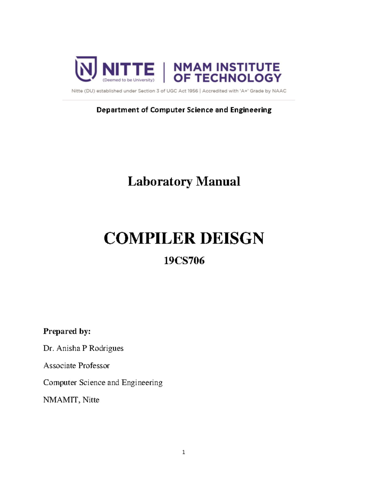Laboratory Manual for Compiler Design (19CS) - 2022-23 - Studocu