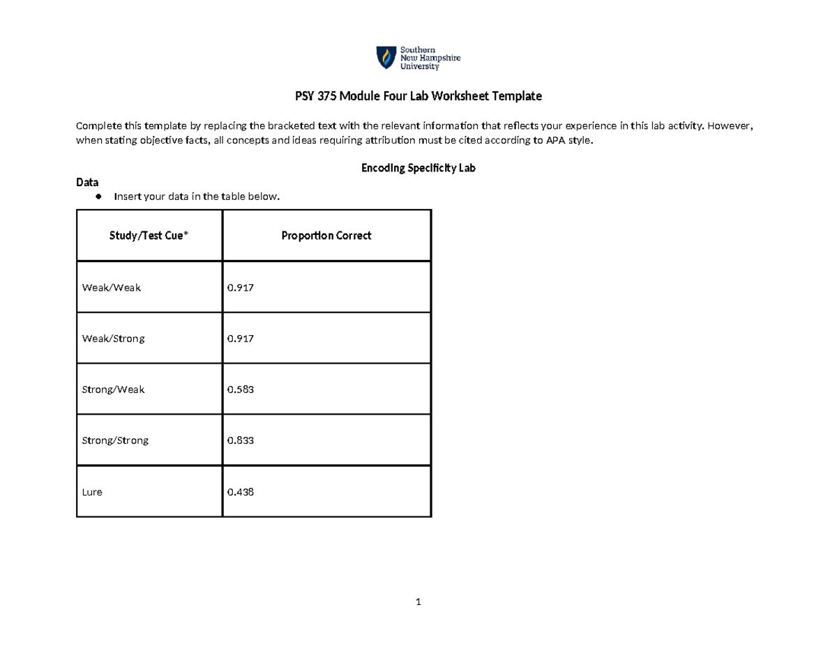 4-1 Module Four Lab Worksheet - PSY 375 Module Four Lab Worksheet ...