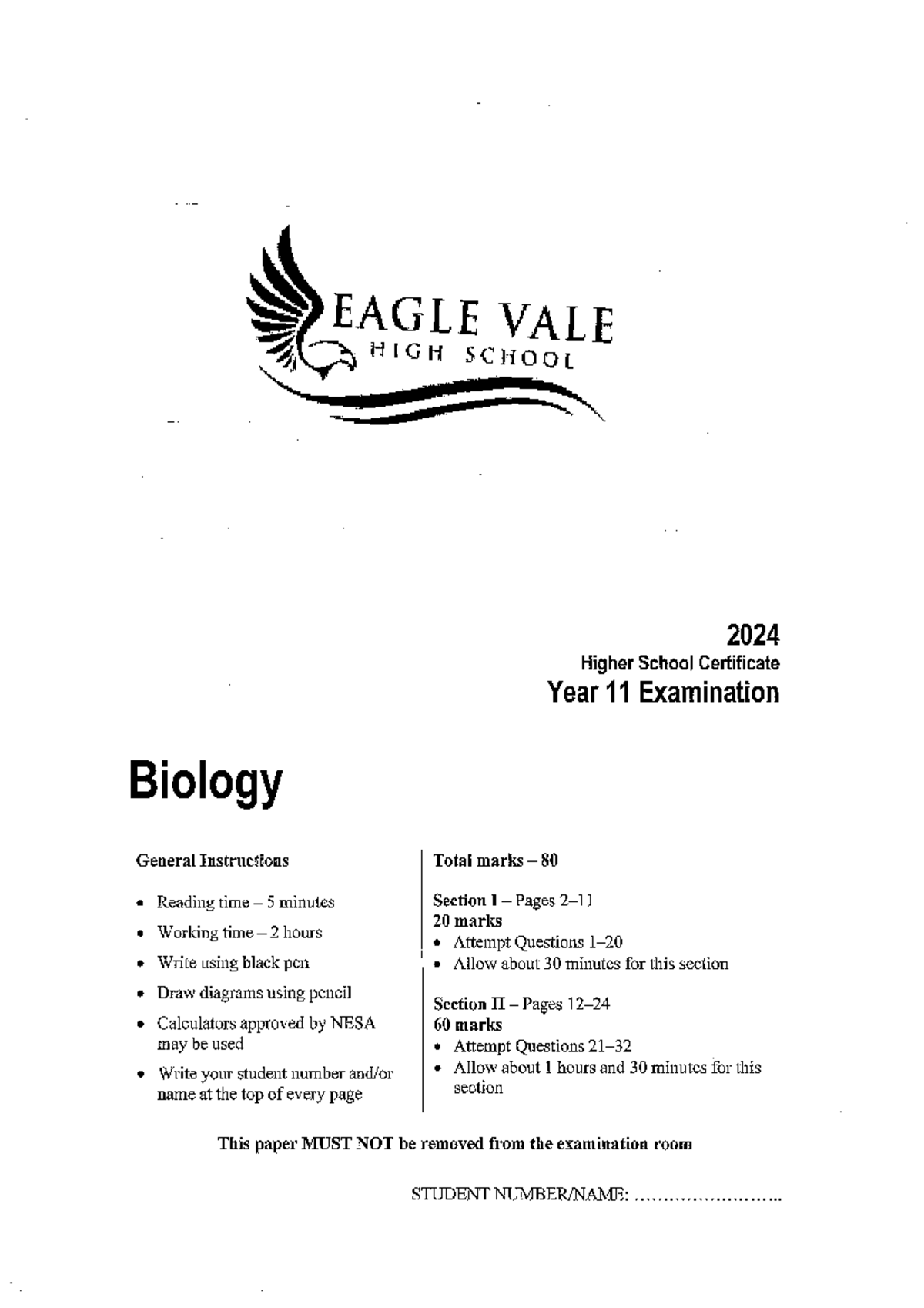 2024 HSC Year 11 Biology Exam Practice Questions - Studocu