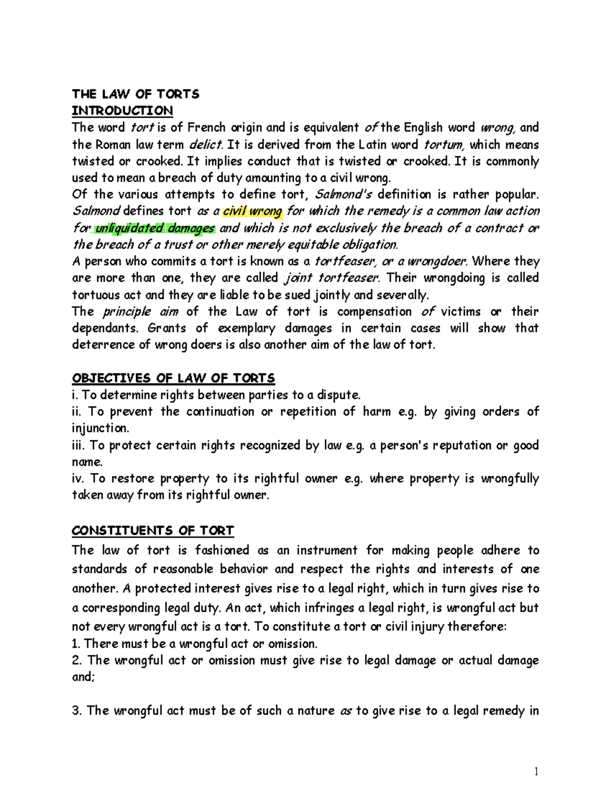 LAW OF TORTS (LAW 101) - Comprehensive Lecture Notes - Studocu