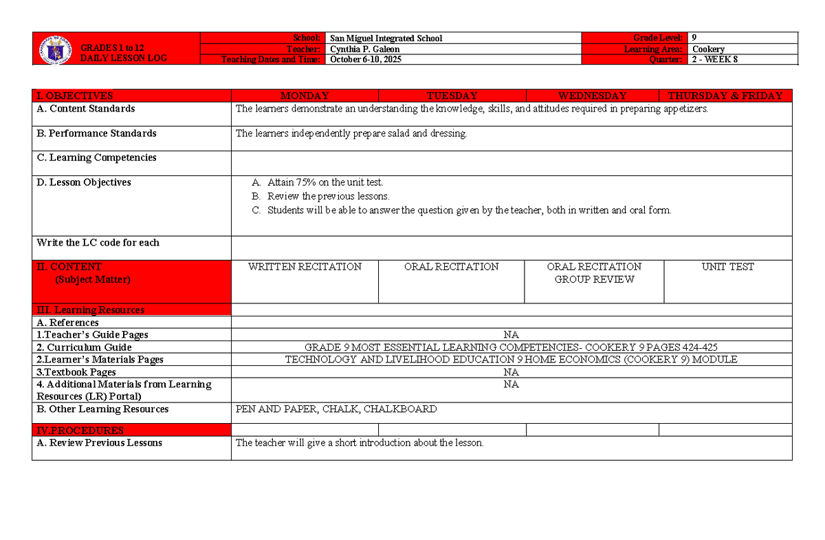 Q2 WEEK 8 Daily Lesson Log for Cookery 9 - San Miguel IS - Studocu