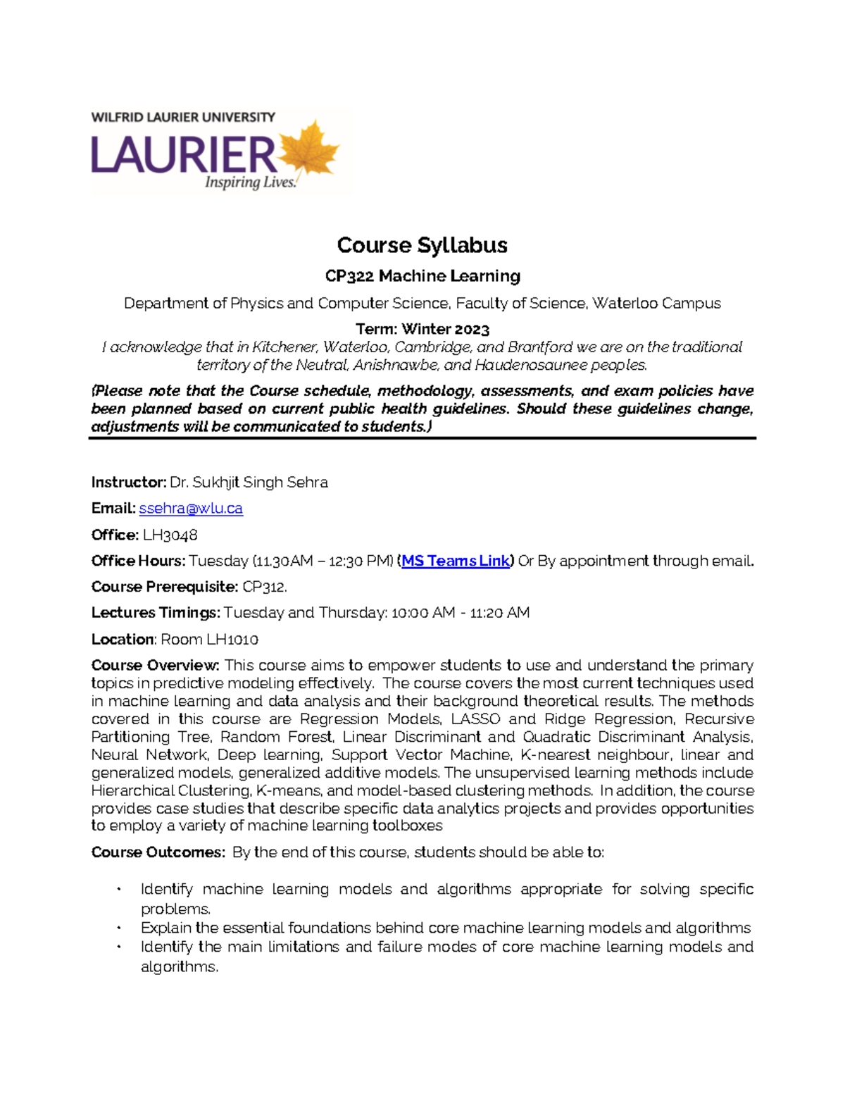 CP322 W23 syllabus - Course Syllabus CP322 Machine Learning Department ...