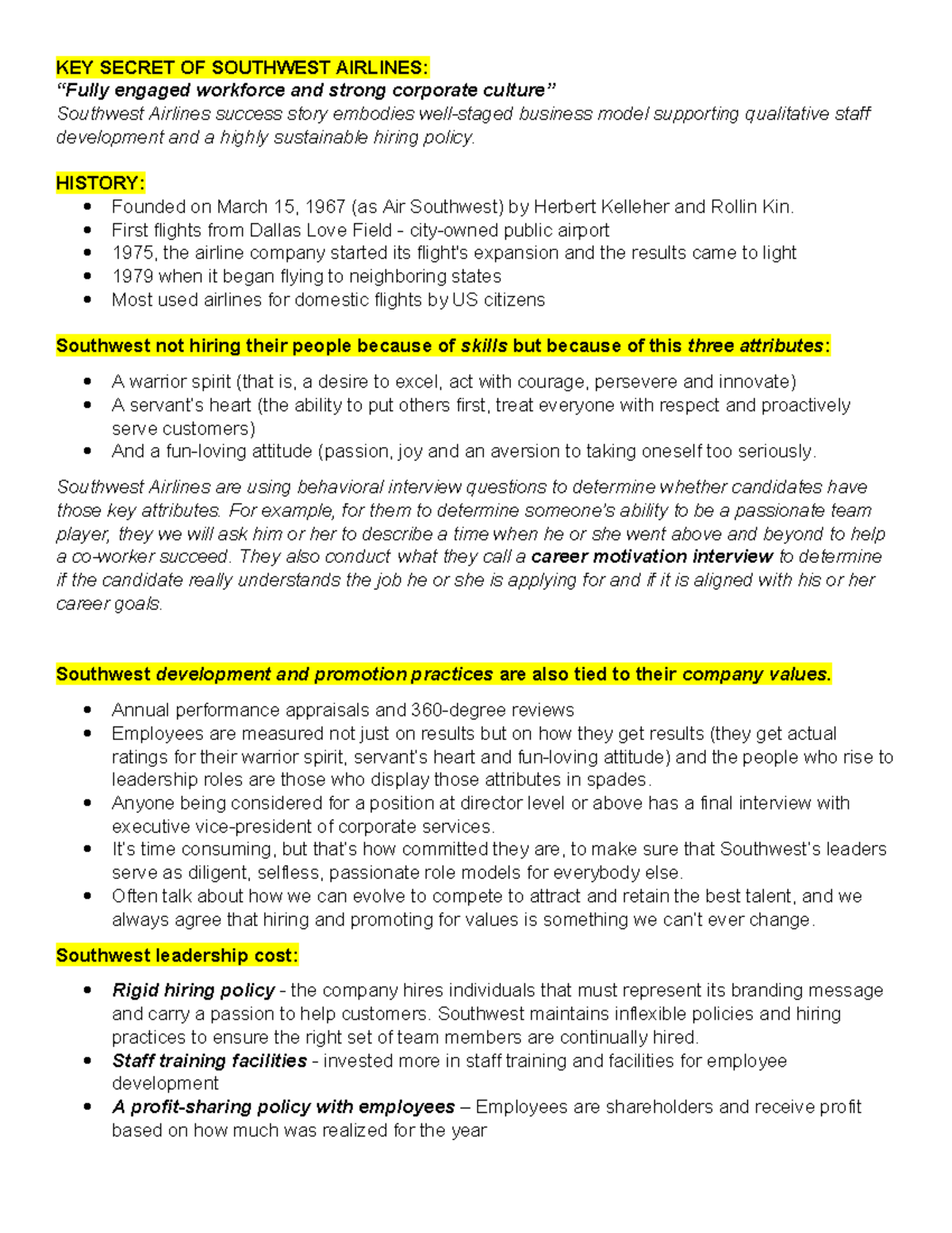 SW 101: Key Secrets of Southwest Airlines' Engaged Workforce - Studocu